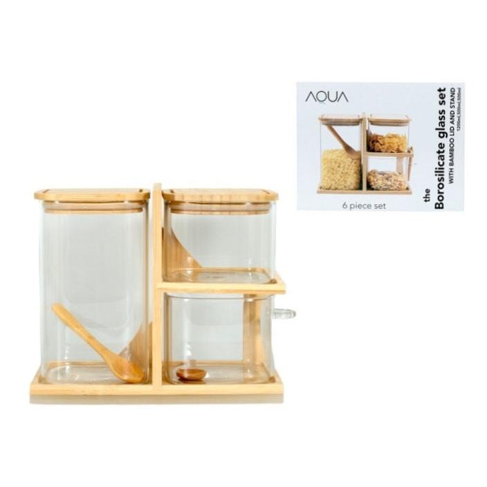 Aqua Glass Canister Square Set Stand with Bamboo Lid 3pcs