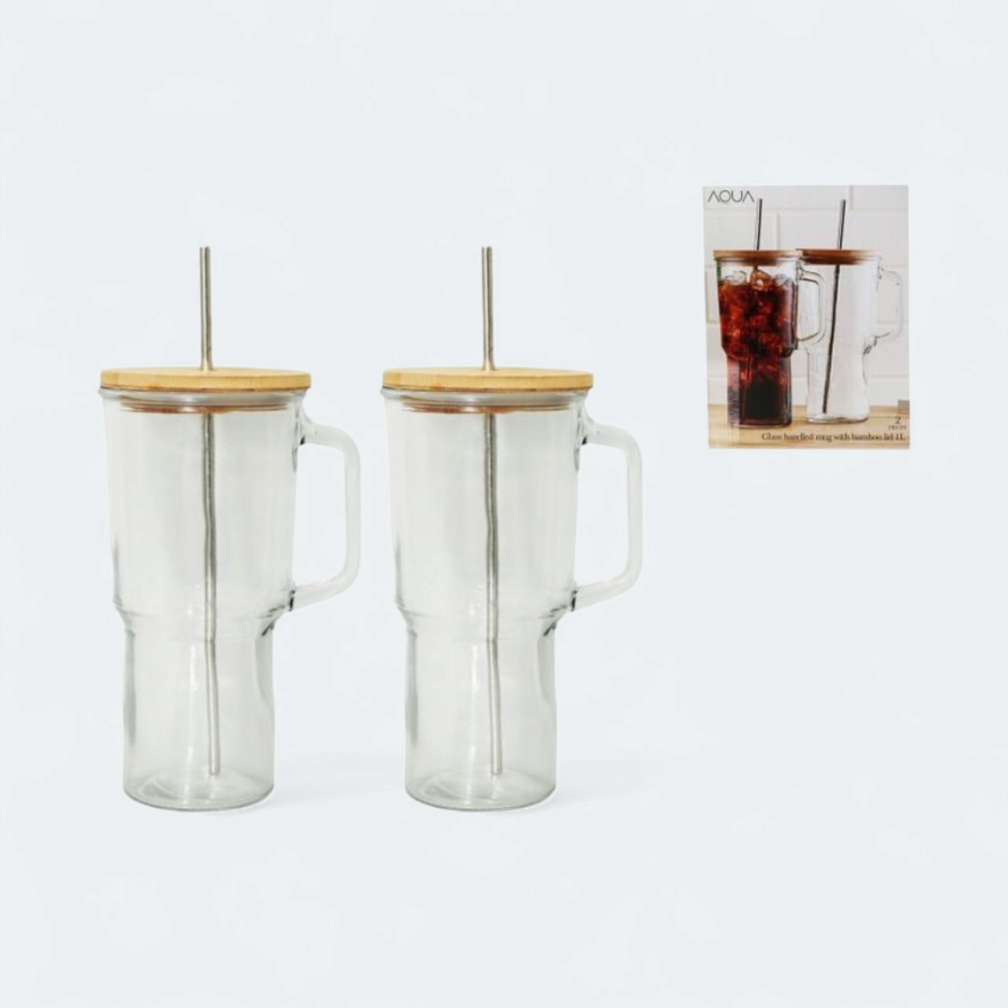 Aqua Glass Drinking Tumbler 1L with Bamboo Lid 2pack