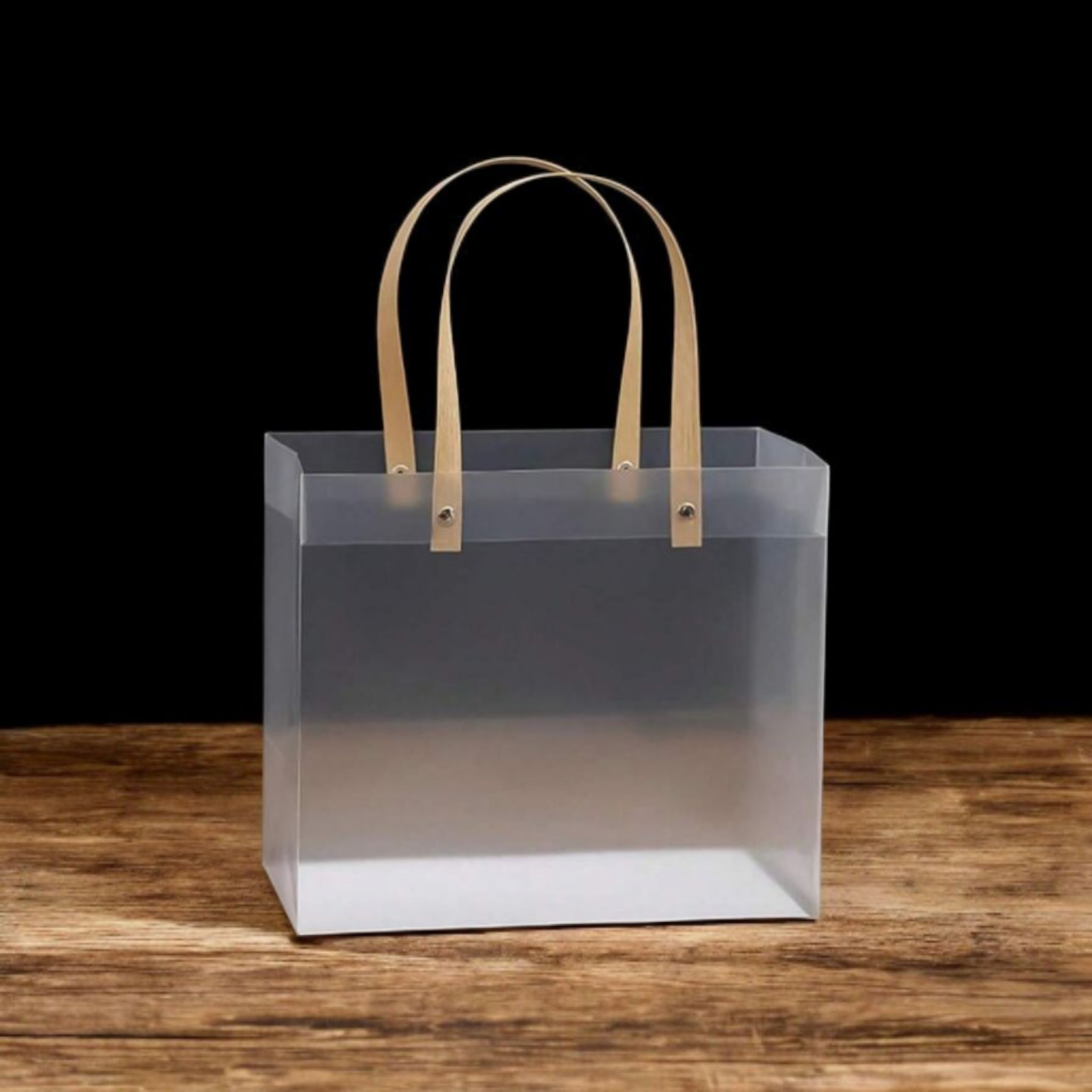 PVC Gift Bag Frosted Landscape - Plastic Reusable Bags with Brown Straw Handle