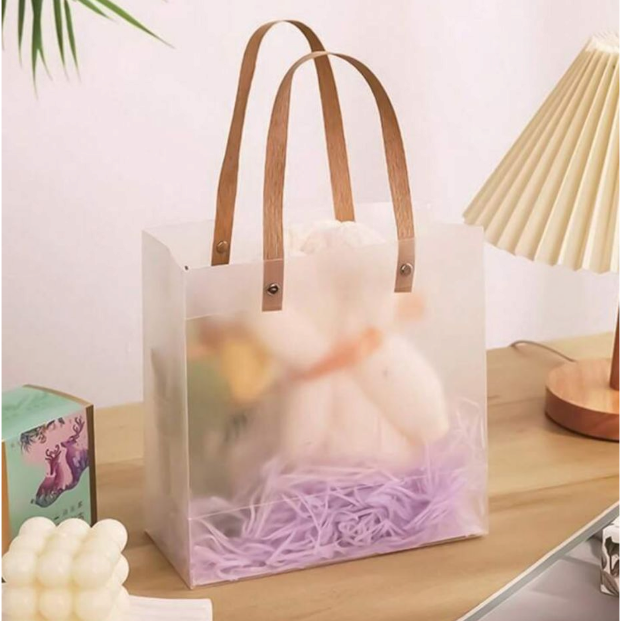 PVC Gift Bag Frosted Portrait - Plastic Reusable Bags with Brown Straw Handle