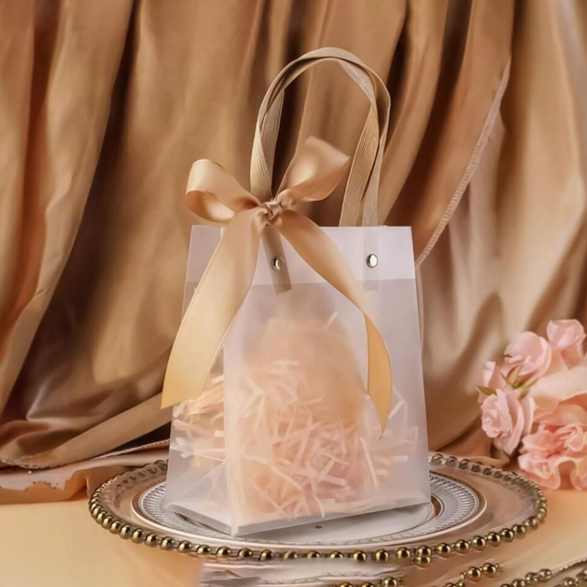 PVC Gift Bag Frosted Portrait - Plastic Reusable Bags with Brown Straw Handle