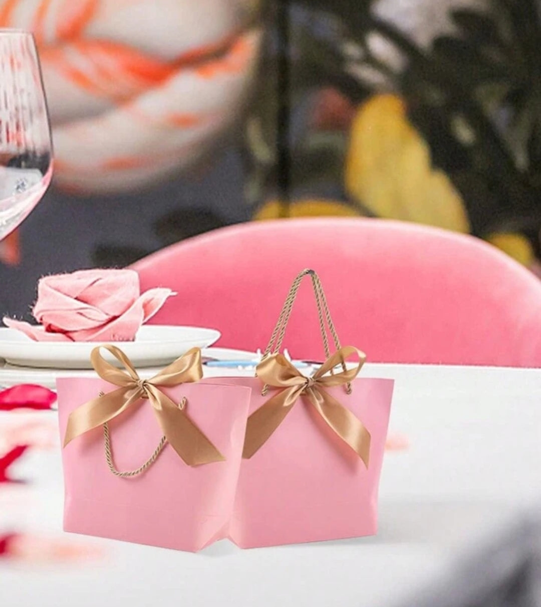 Designer Gift Paper Bag with Gold String Handle & Ribbon