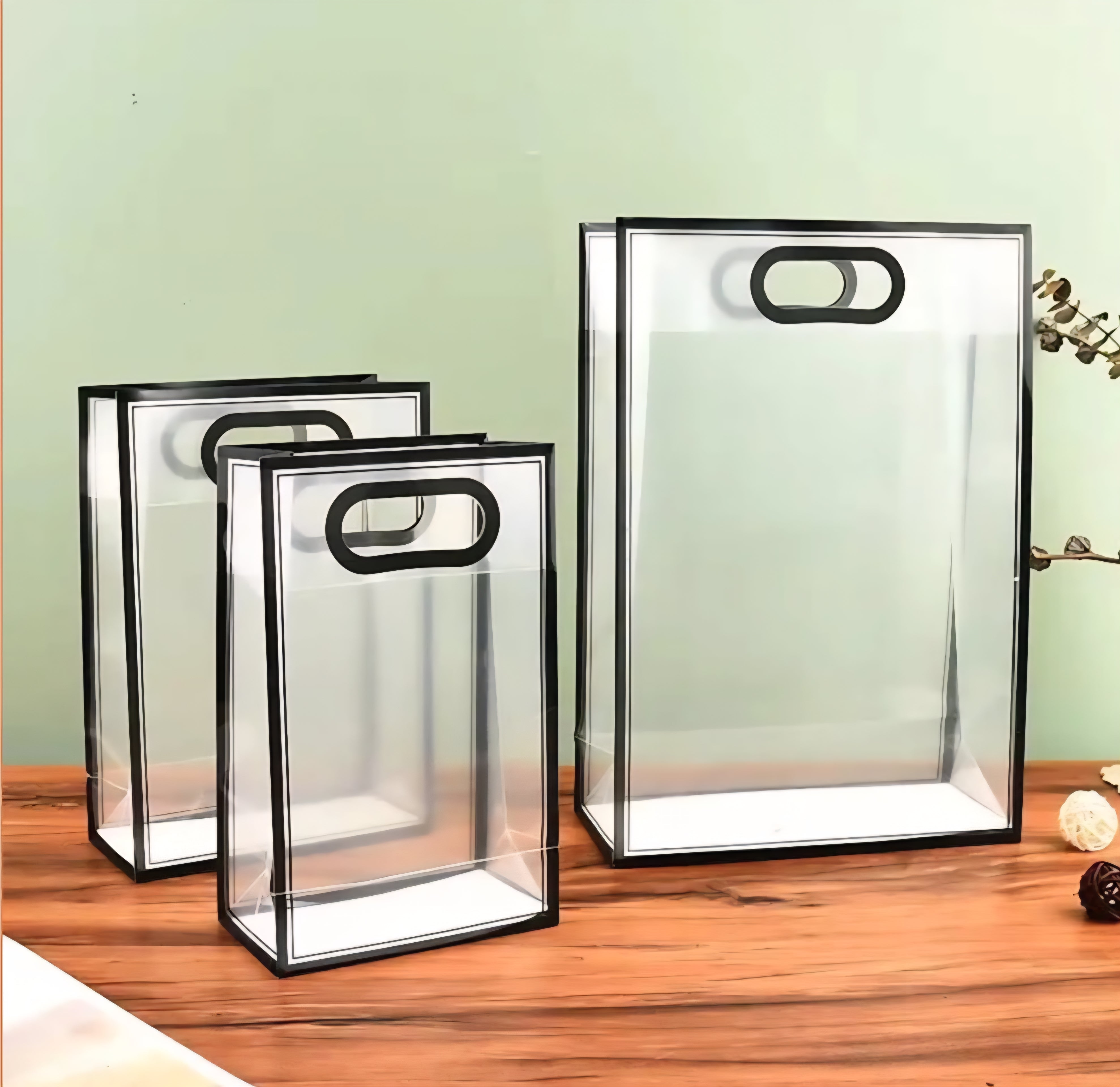 PVC Boutique Gift Shopping Bags with Color Border & Die Cut Handle 35x24x10cm