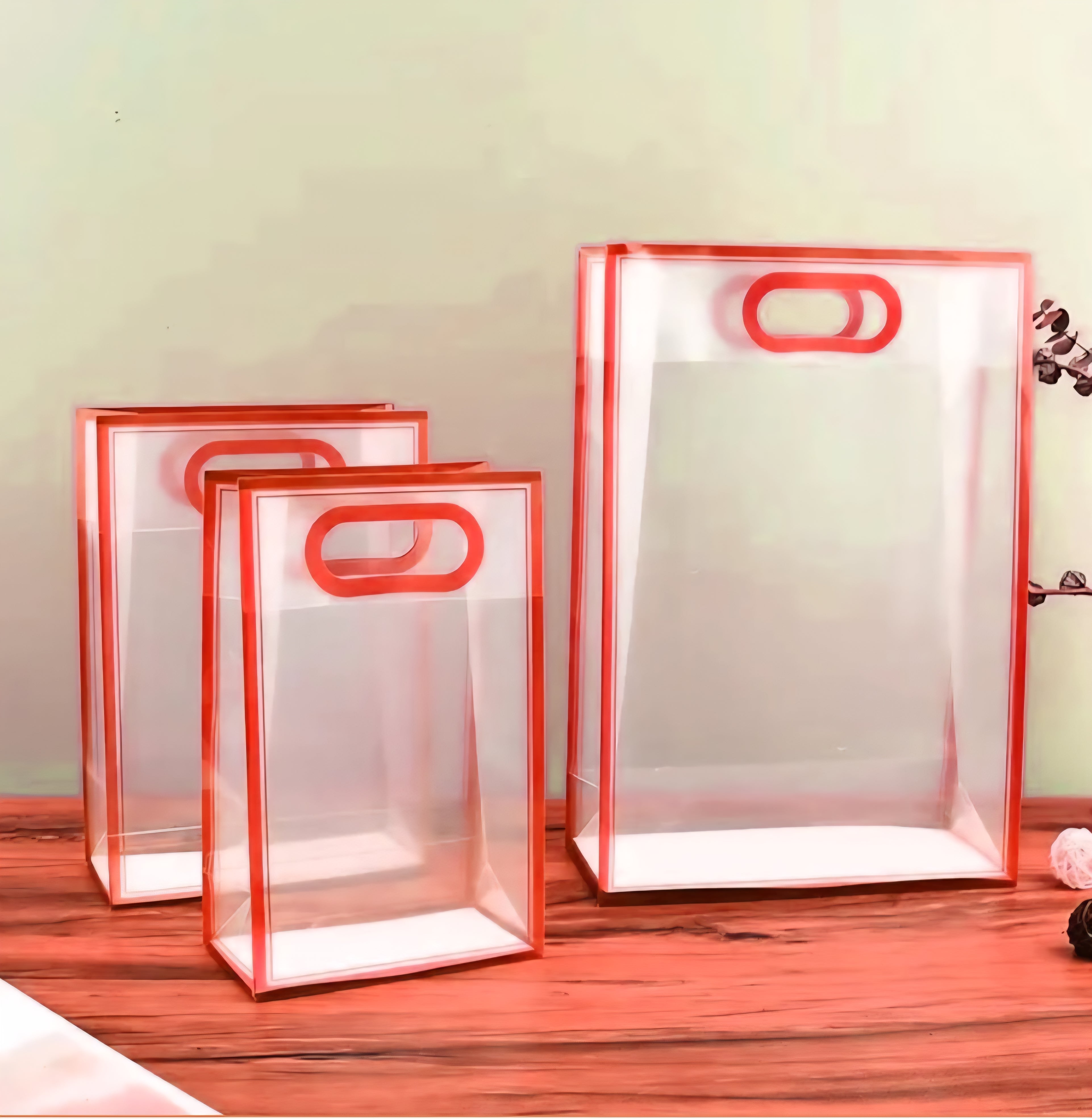 PVC Boutique Gift Shopping Bags with Color Border & Die Cut Handle 35x24x10cm