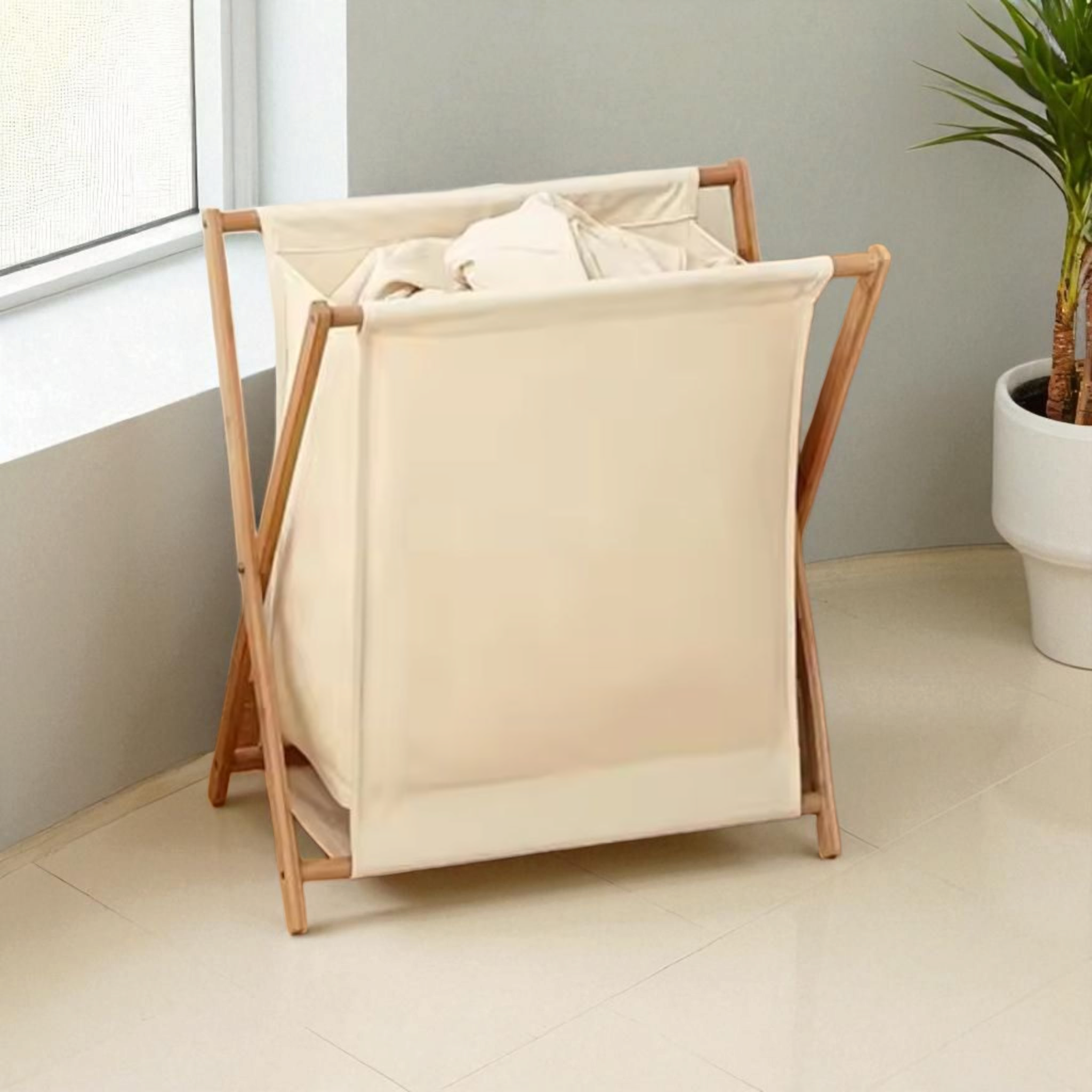 Rustic Bamboo Foldable Fabric Clothes Storage & Laundry Bin Basket 50x34x56.5cm Beige Cream