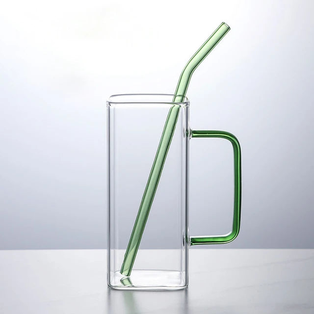 Glass Drinking Mug 350ml Square with Bamboo Lid & Borosilicate Curved Straw