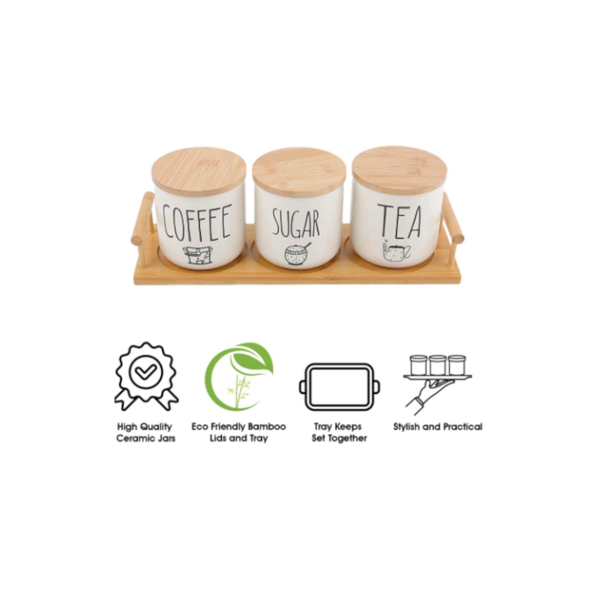 Regent Tea/Sugar/Coffee Canister Jar Set 500ml - with Bamboo Lid & Tray