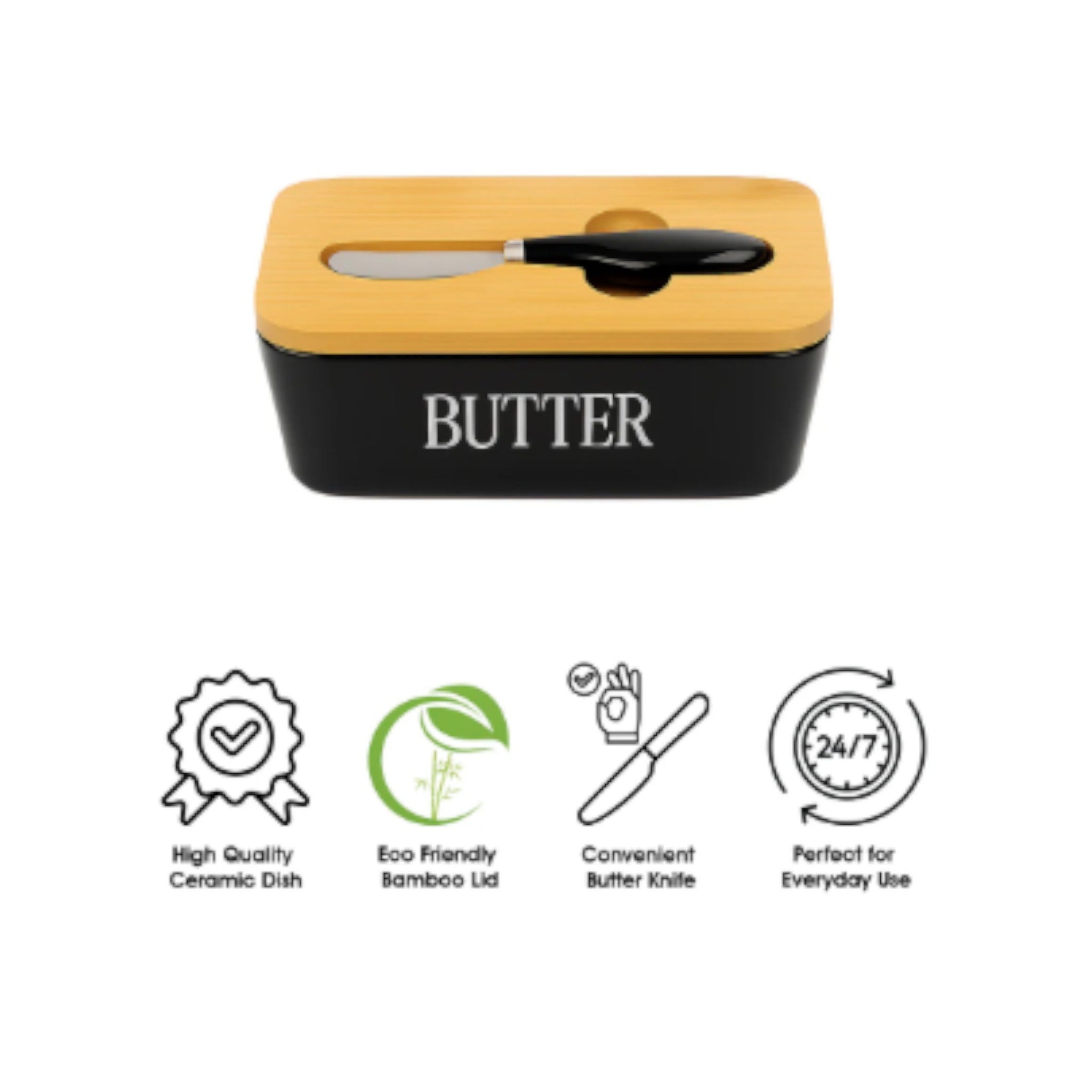 Regent Ceramic Butter Dish Black with Bamboo Lid & Knife