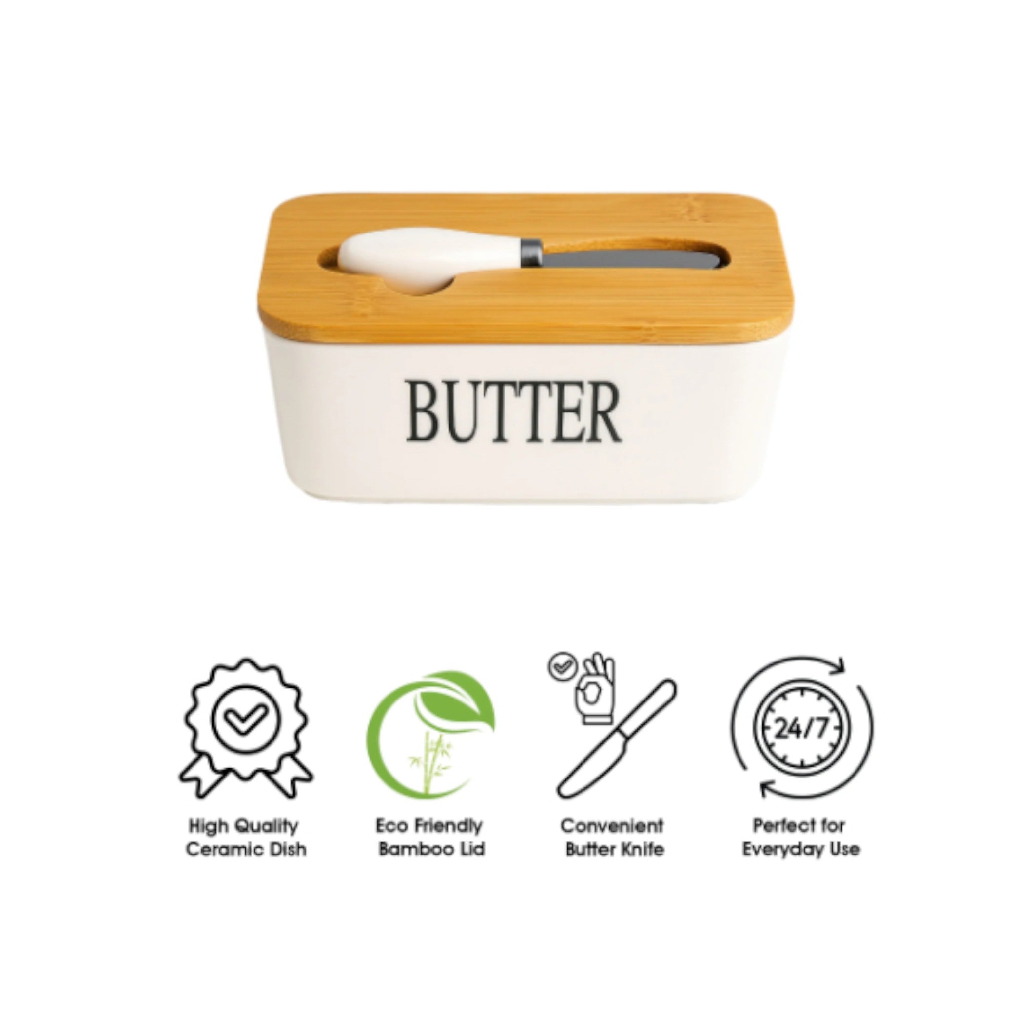Regent Ceramic Butter Dish White with Bamboo Lid & Knife