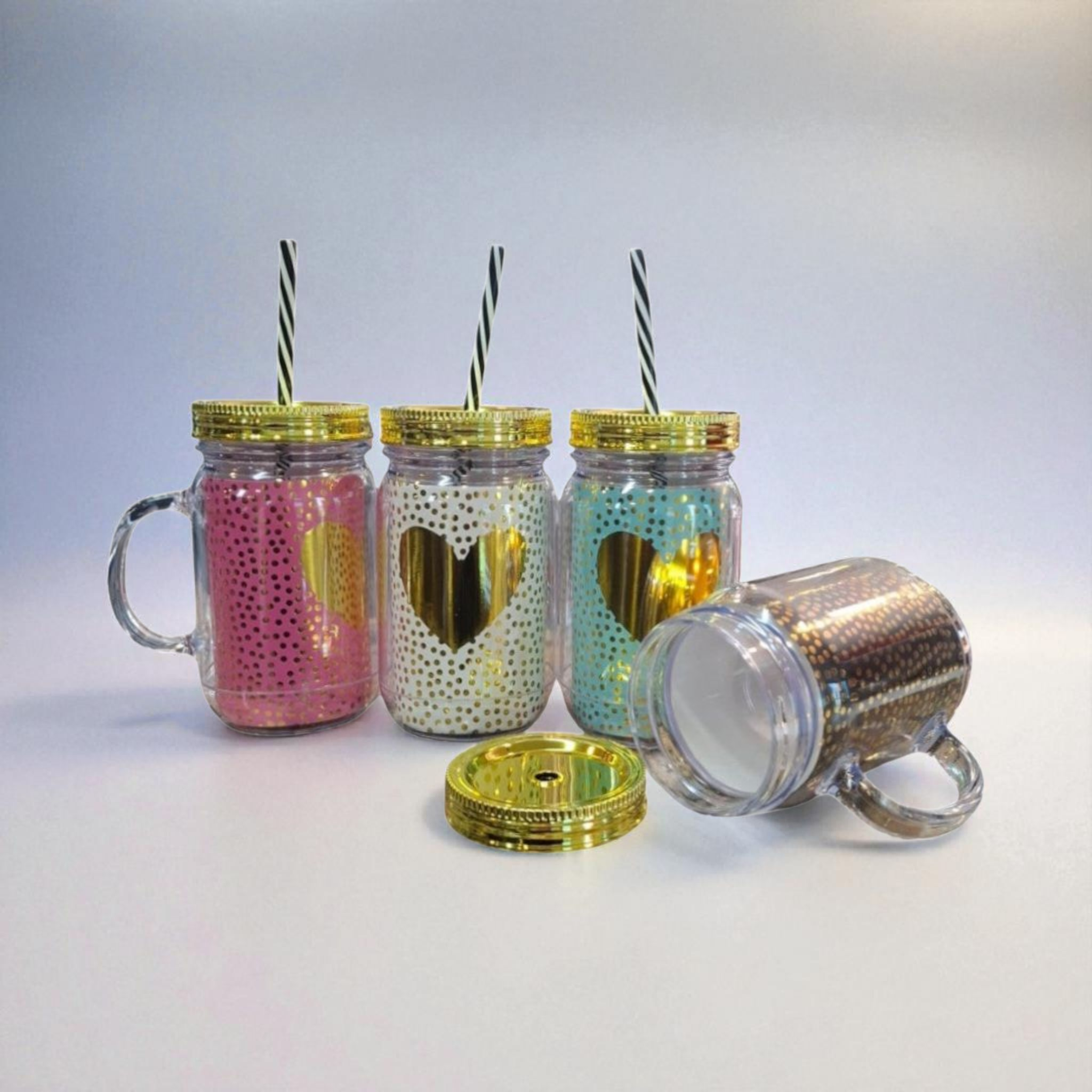 Acrylic Drinking Mason Jar Tumbler Mug with Straw 16.5x9cm Gold Heart Patterned
