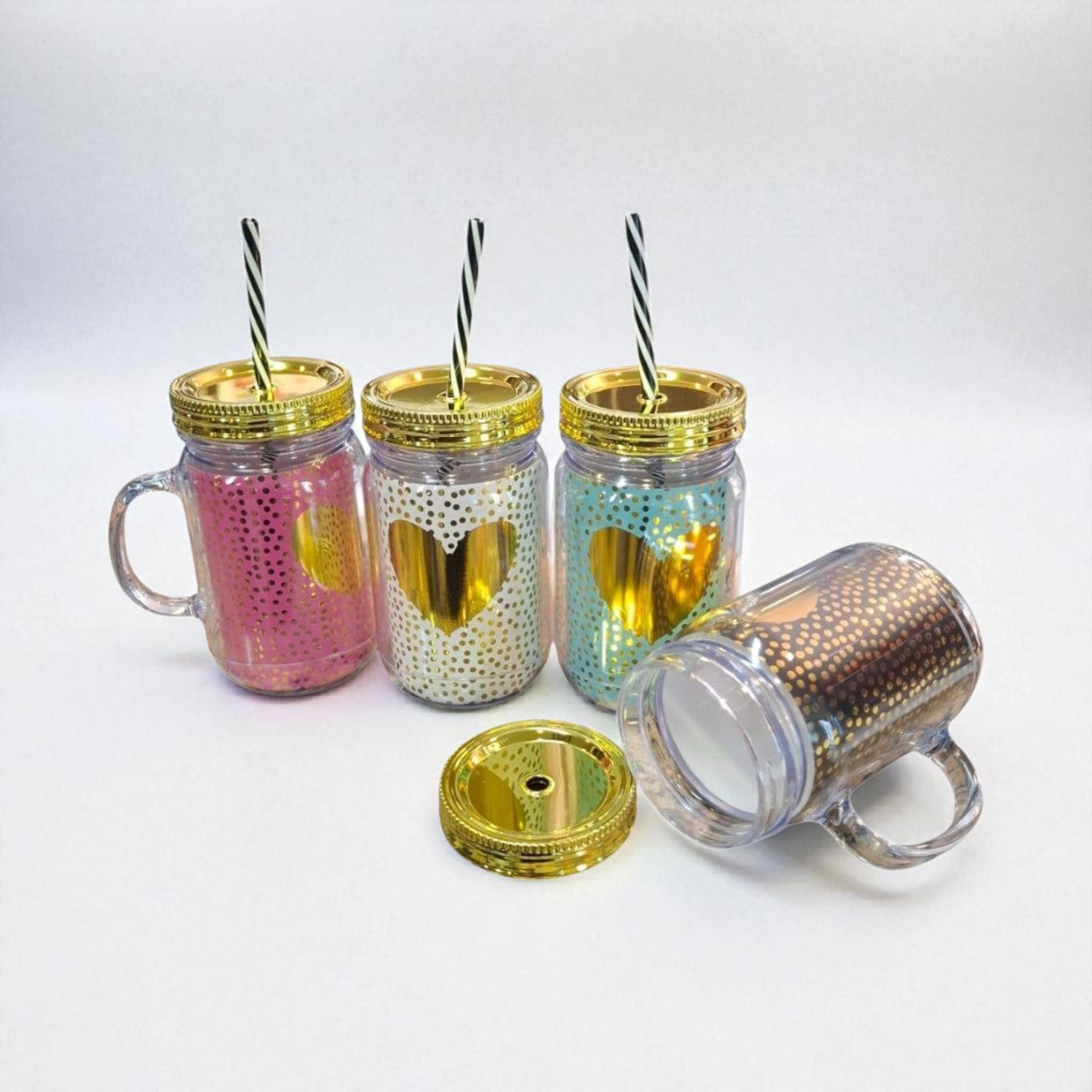 Acrylic Drinking Mason Jar Tumbler Mug with Straw 16.5x9cm Gold Heart Patterned