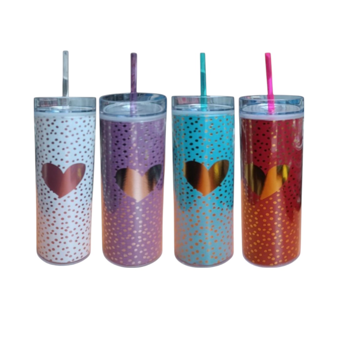 473ml Skinny Drinking Tumbler Acrylic Double-Wall Reusable with Lid & Straw 21x7cmn Heart Patterned