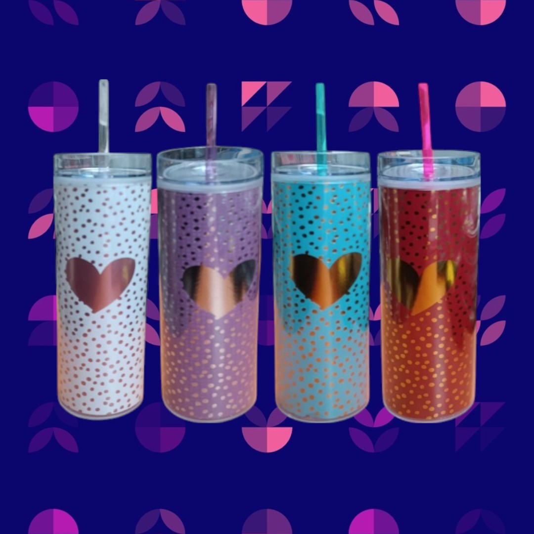473ml Skinny Drinking Tumbler Acrylic Double-Wall Reusable with Lid & Straw 21x7cmn Heart Patterned