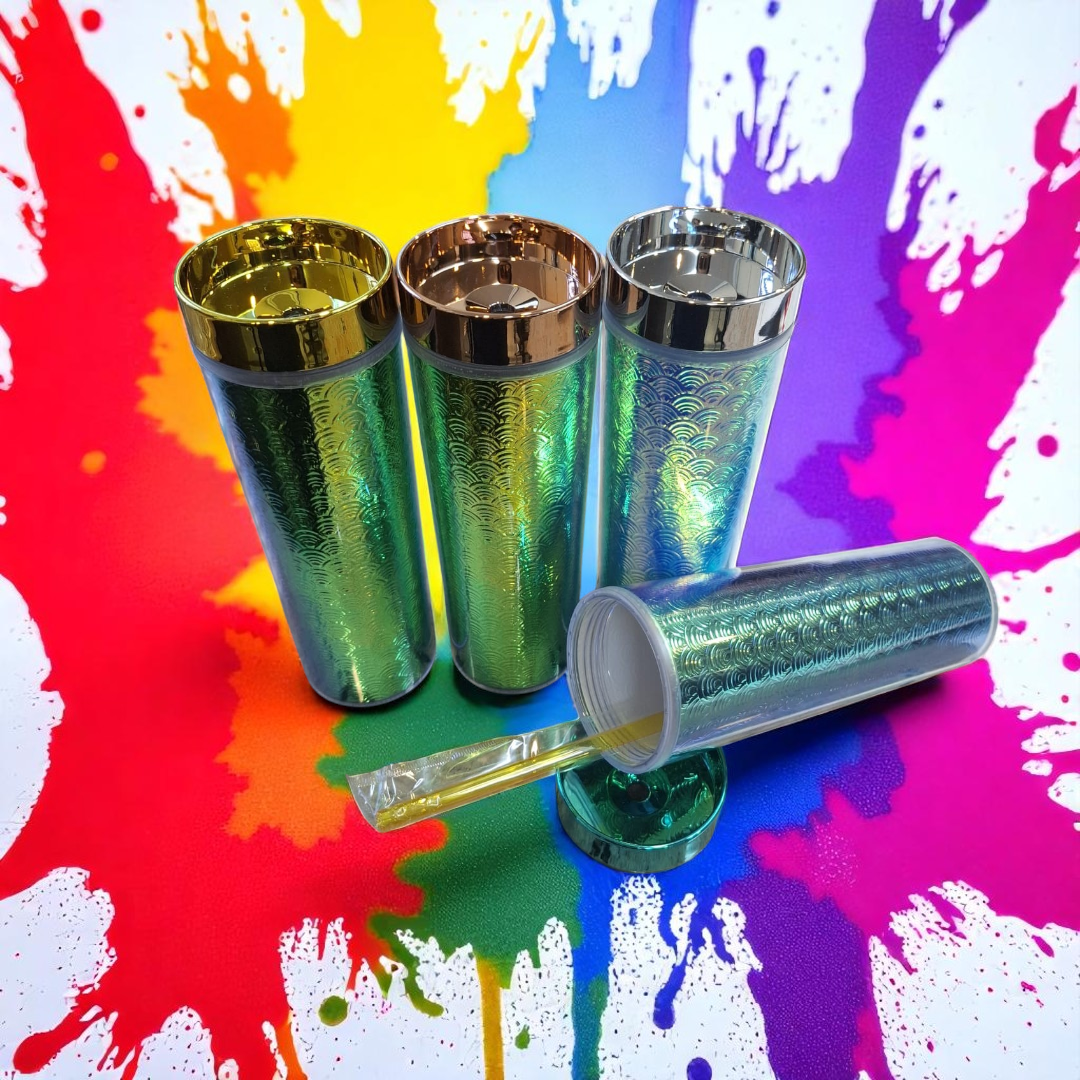 473ml Skinny Iridescent Drinking Tumbler Acrylic Reusable with Lid & Straw 21x7cm