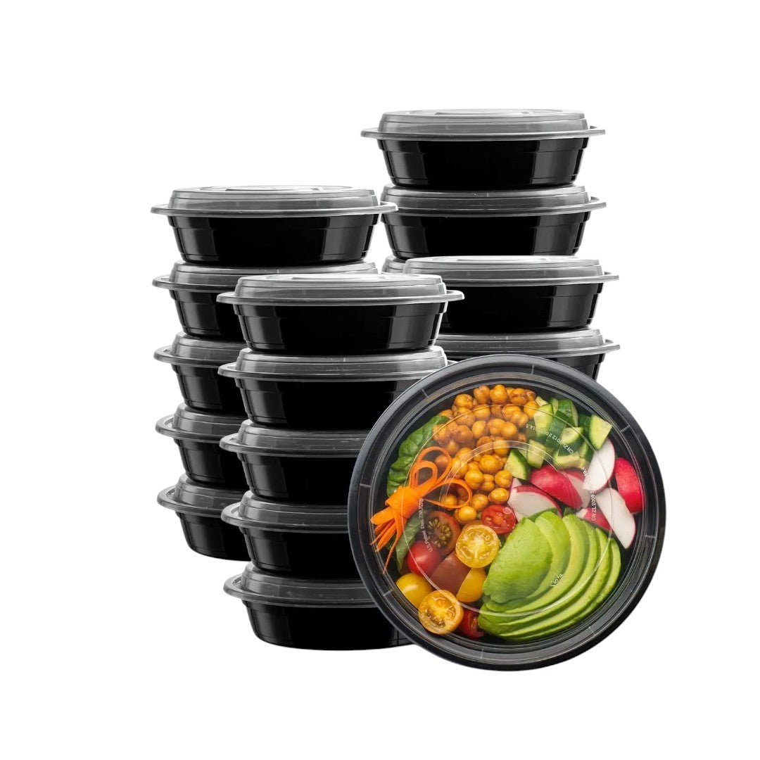 Microwavable Takeaway Food Bowl - Black Base Round PP Plastic Container Lunch Box with Lid 10pack