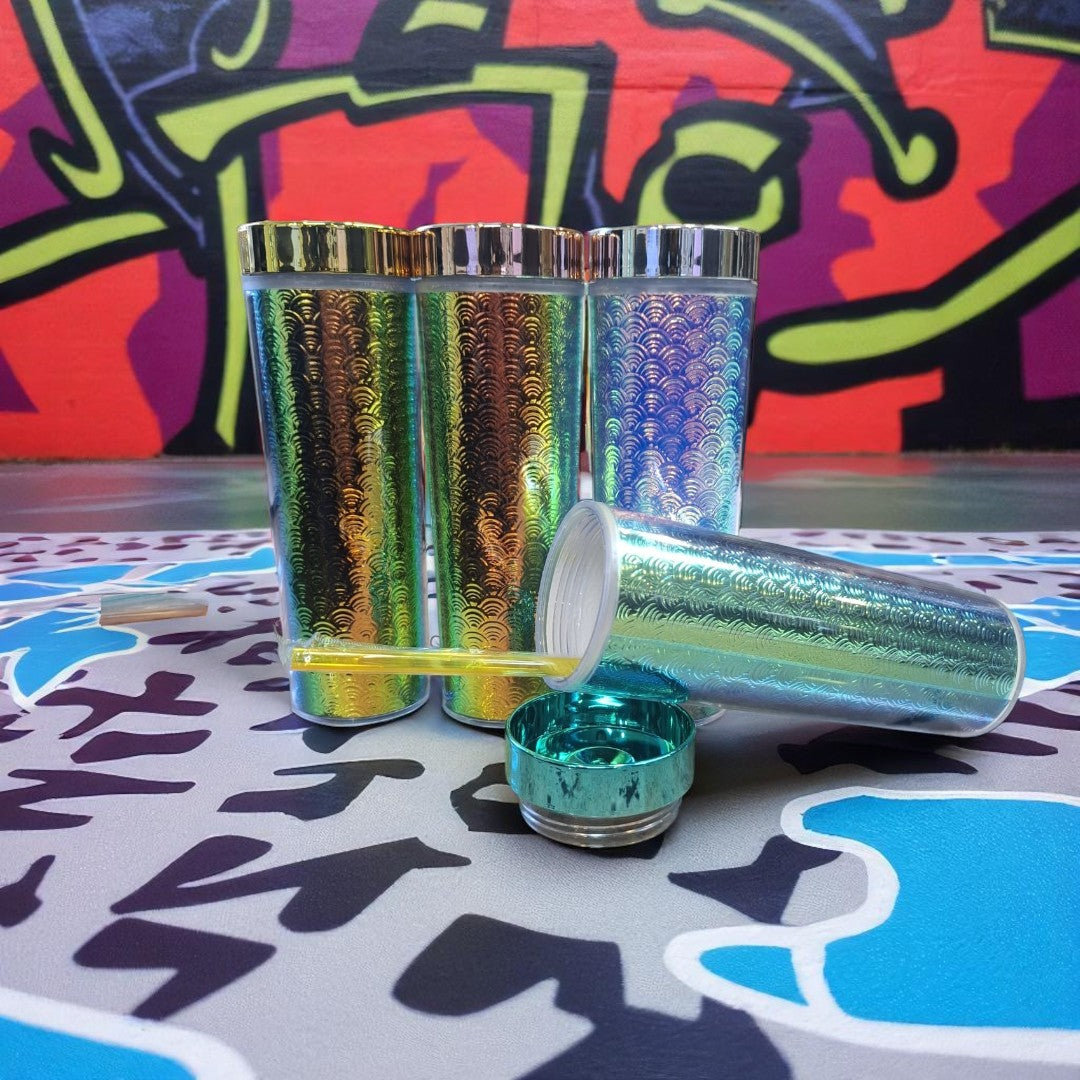 473ml Skinny Iridescent Drinking Tumbler Acrylic Reusable with Lid & Straw 21x7cm