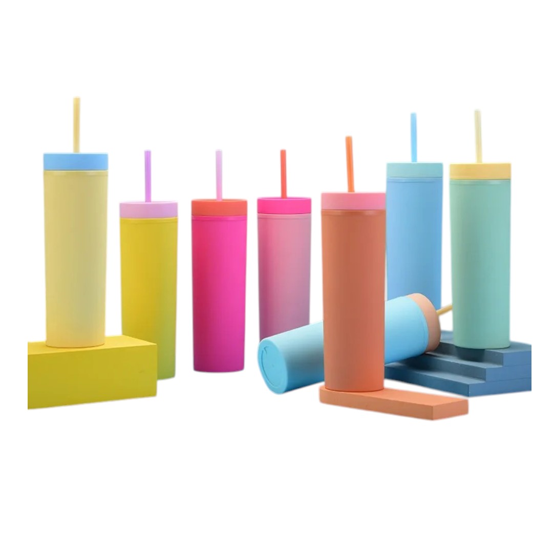 473ml Skinny Drinking Tumbler Acrylic Reusable with Inverted Color Lid and Straw 7x21cm