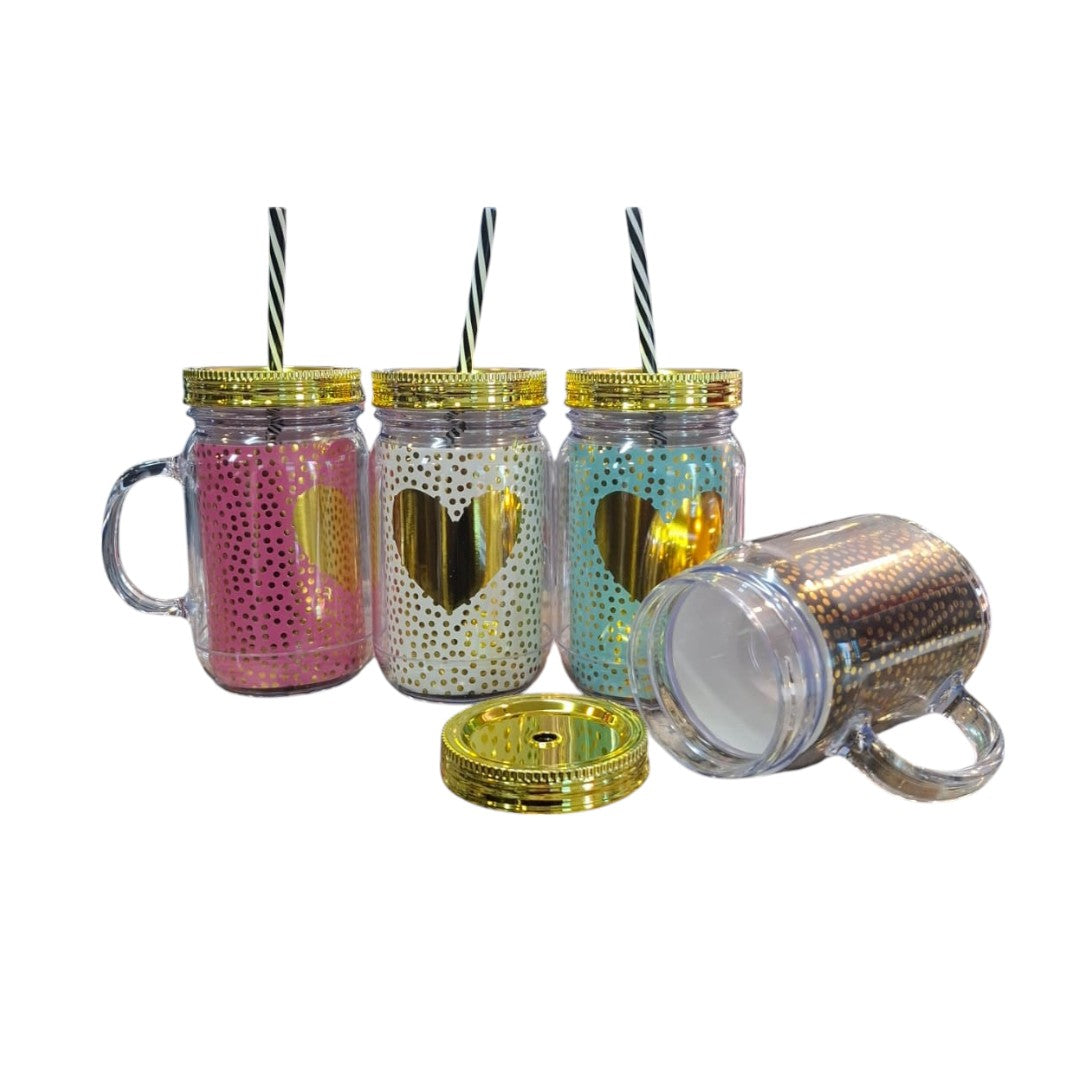 Acrylic Drinking Mason Jar Tumbler Mug with Straw 16.5x9cm Gold Heart Patterned