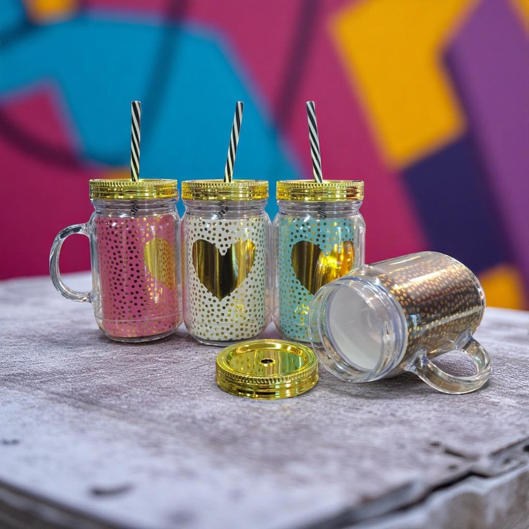 Acrylic Drinking Mason Jar Tumbler Mug with Straw 16.5x9cm Gold Heart Patterned