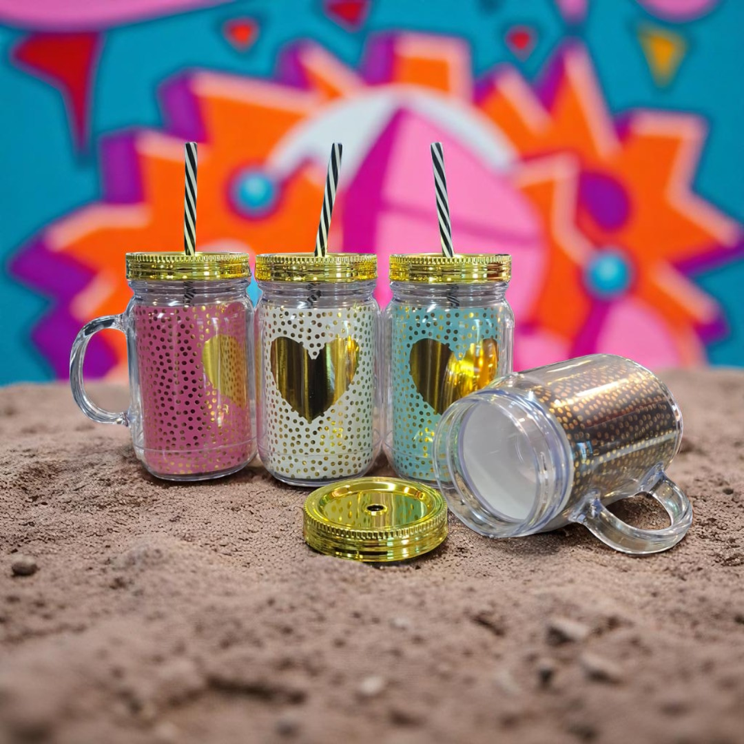 Acrylic Drinking Mason Jar Tumbler Mug with Straw 16.5x9cm Gold Heart Patterned