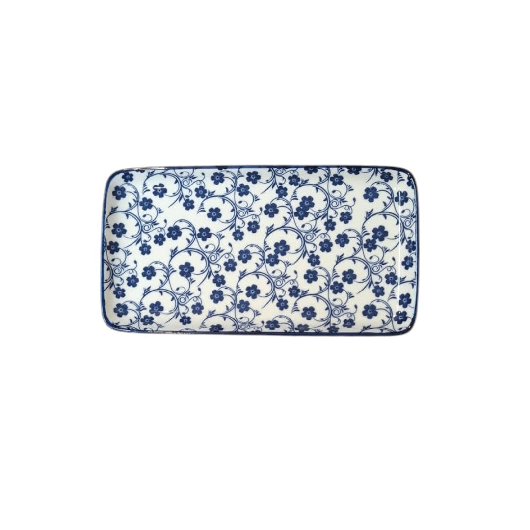 Ceramic White Rectangle Serving Plate with Blue Print 9 Inch 20cm