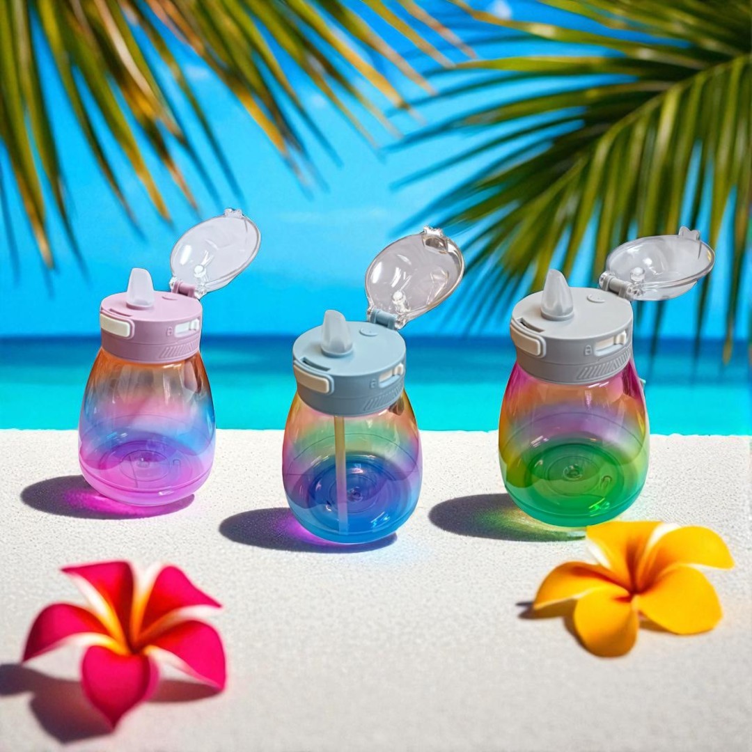 Multicolour Plastic Water Drinking Bottle with Straw 11x17cm