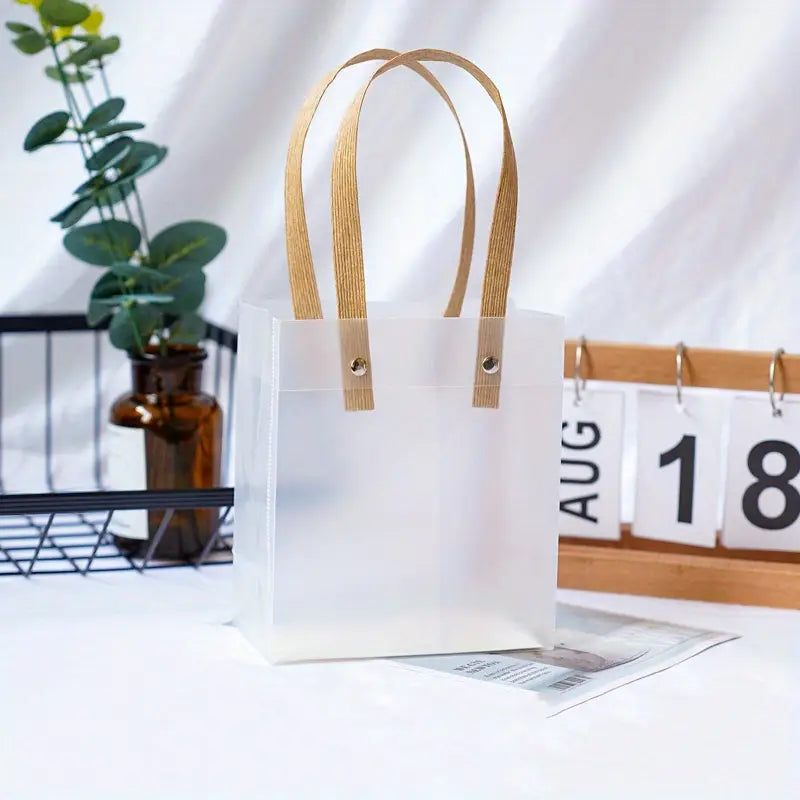 PVC Gift Bag Frosted Portrait - Plastic Reusable Bags with Brown Straw Handle