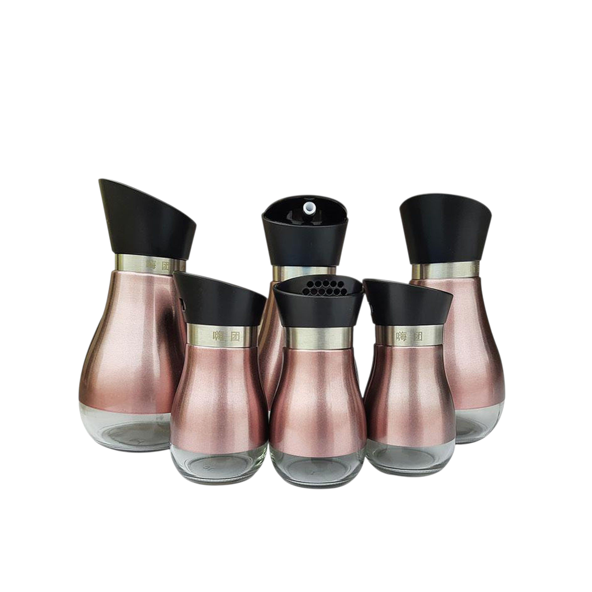 Glass Condiment Shaker Seasoning Set Rose Pink Steel Cover 6pc Set