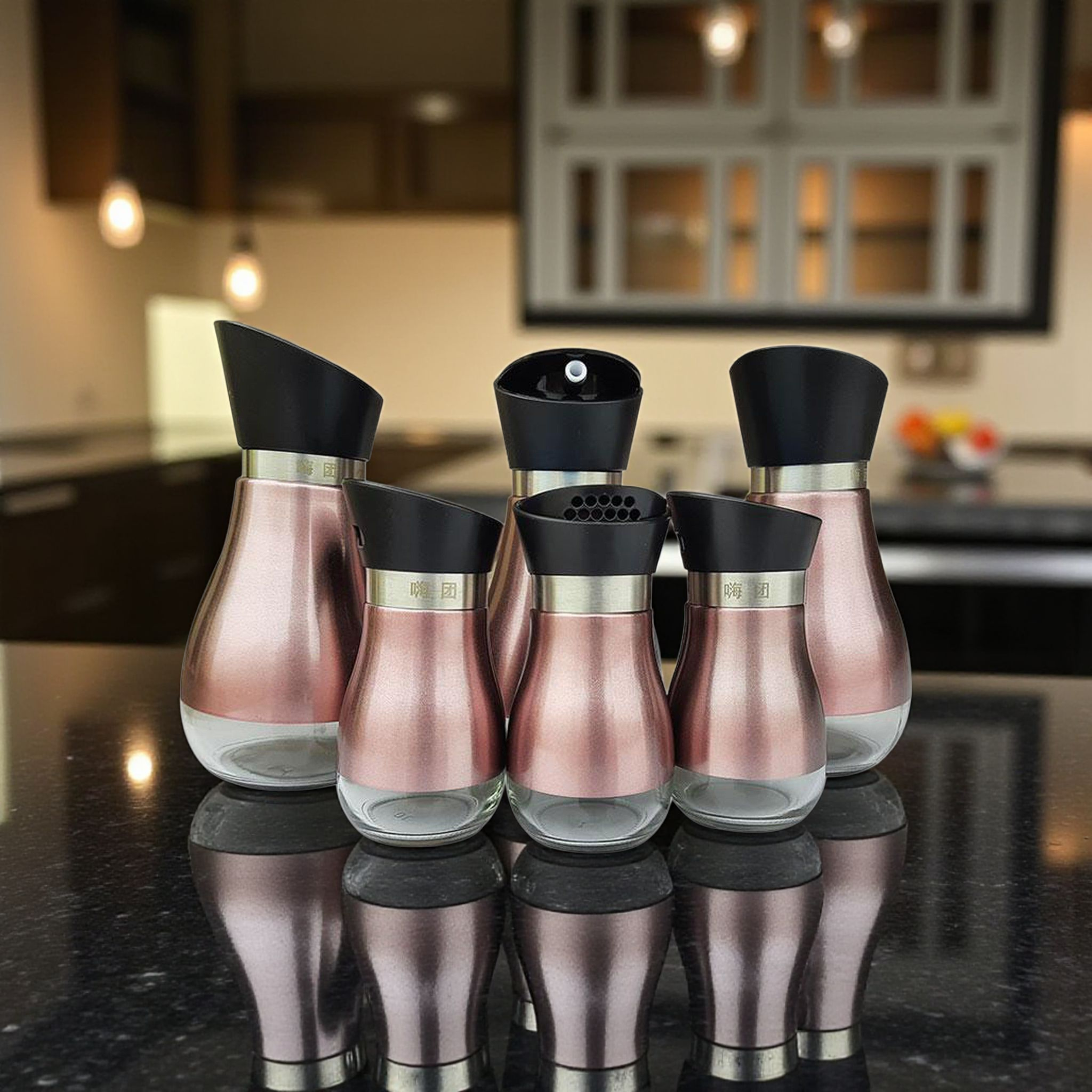 Glass Condiment Shaker Seasoning Set Rose Pink Steel Cover 6pc Set