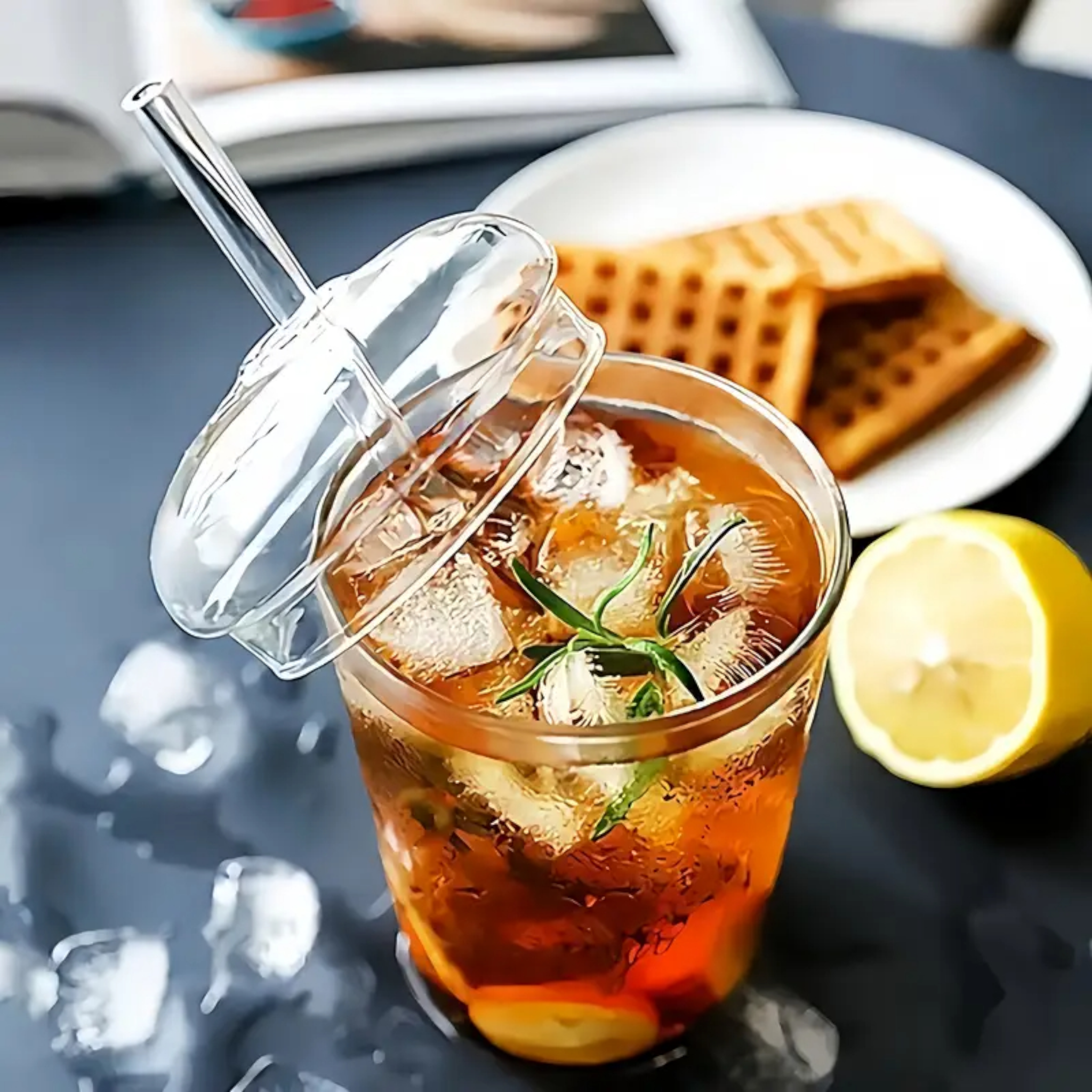 Clear Drinking Borosilicate Glass Cup with Lid and Straw 450ml-20cm