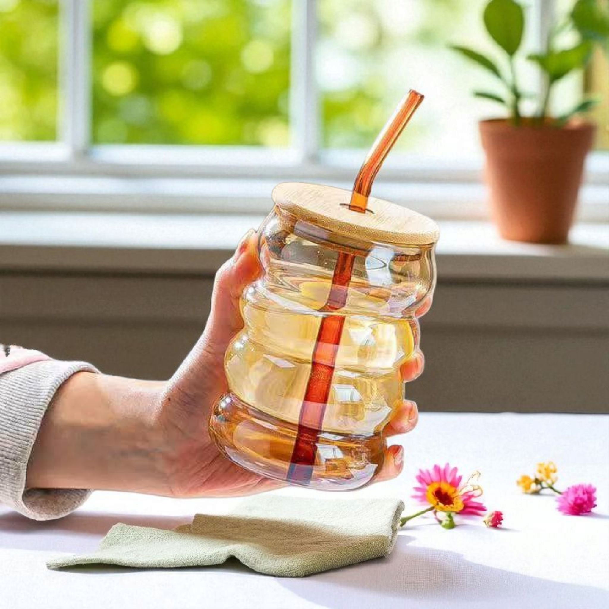 Amber Glass Drinking Ribbed Cup 500ml with Bamboo Lid & Amber Curved Straw 7x15cm