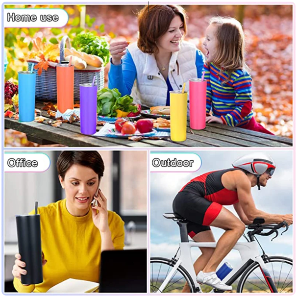 Skinny Metallic Thermos Drinking Tumbler 590ml Stainless Steel with Lid & Straw