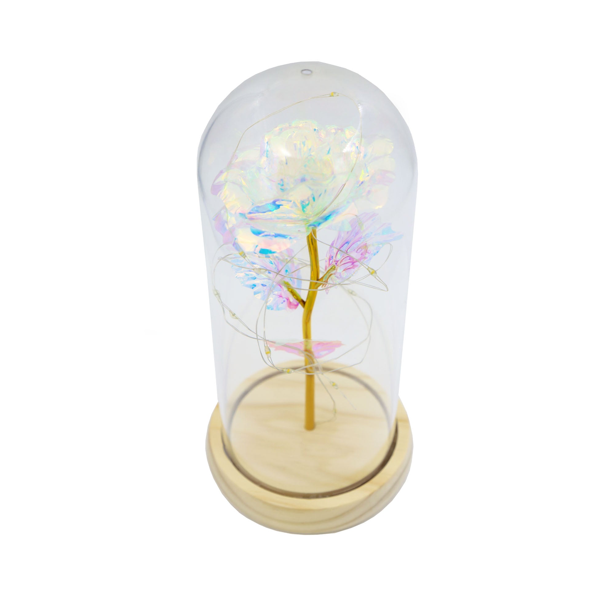 Ornament Display Glass Round Dome Jar with Rose & Wooden Base