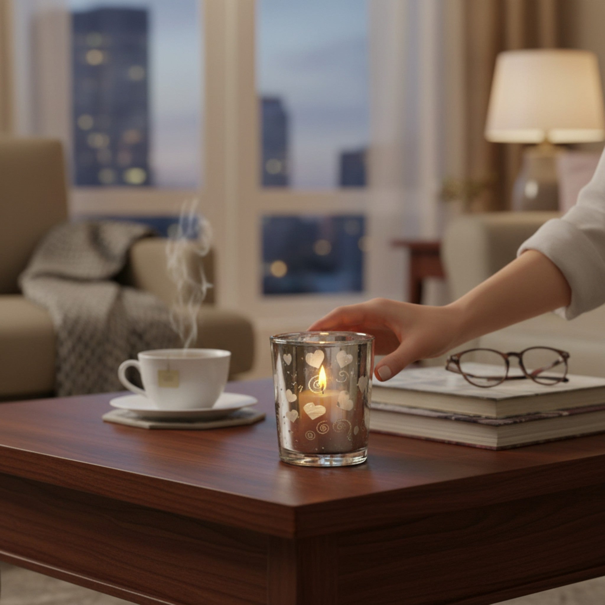 Glass Candle Holder with Heart Print 6.5x5cm