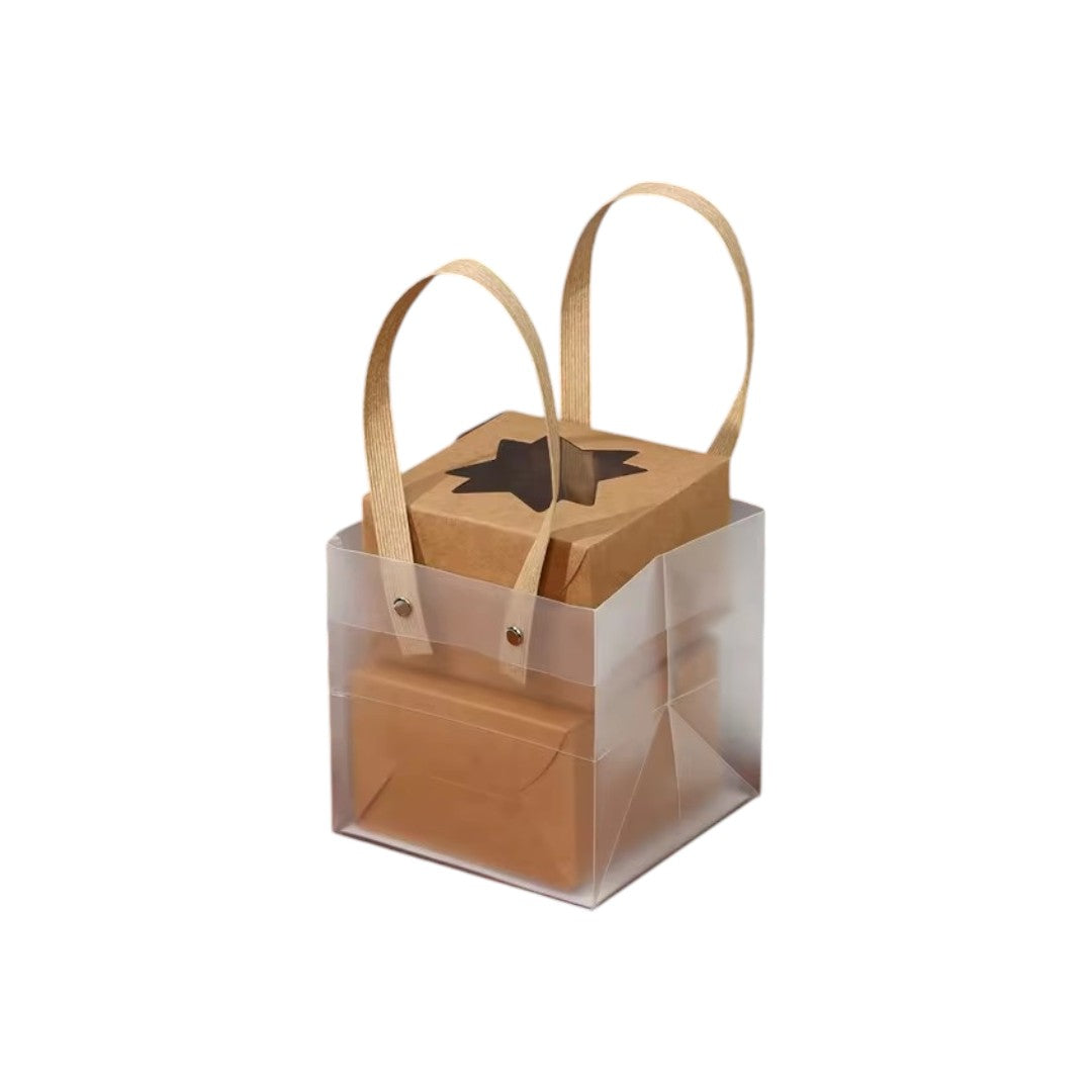 PVC Gift Box Bag Square Frosted with Brown Straw Handle