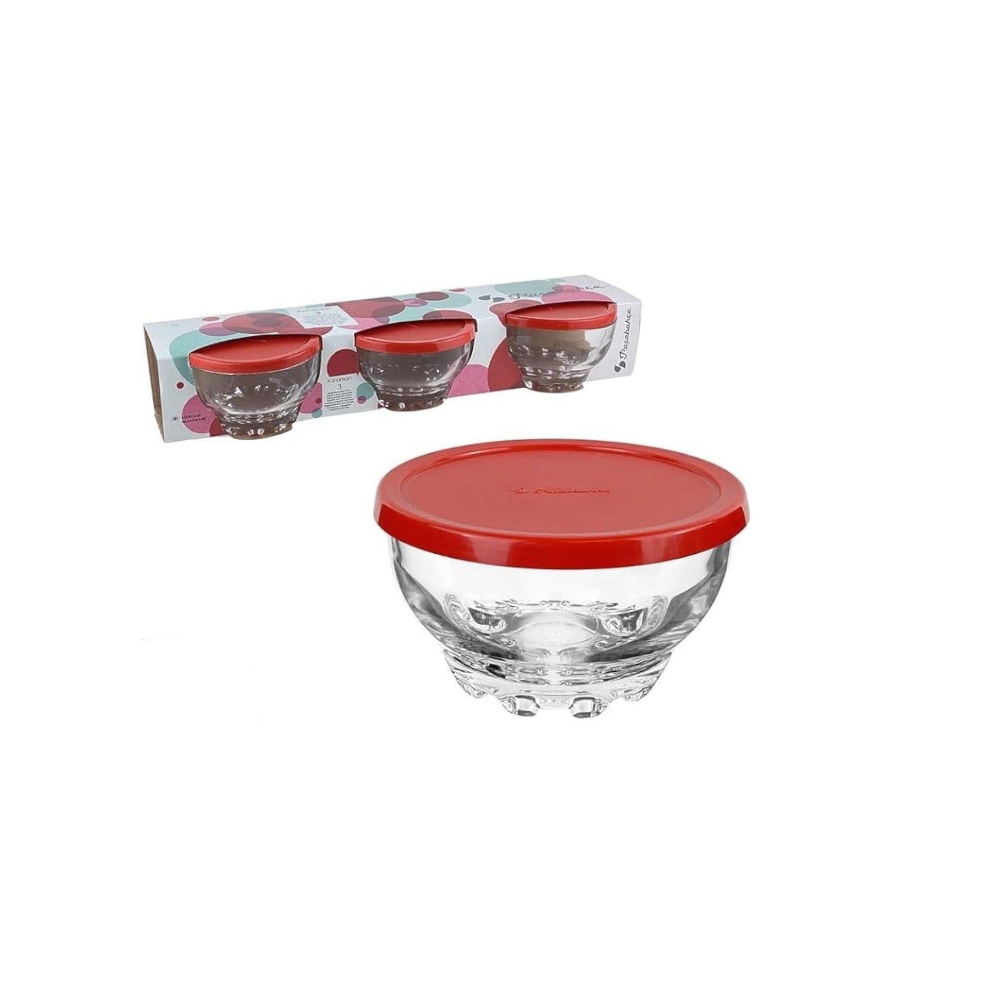 Pasabahce Karaman Glass Bowl with Red Lid 105mm 3pcs