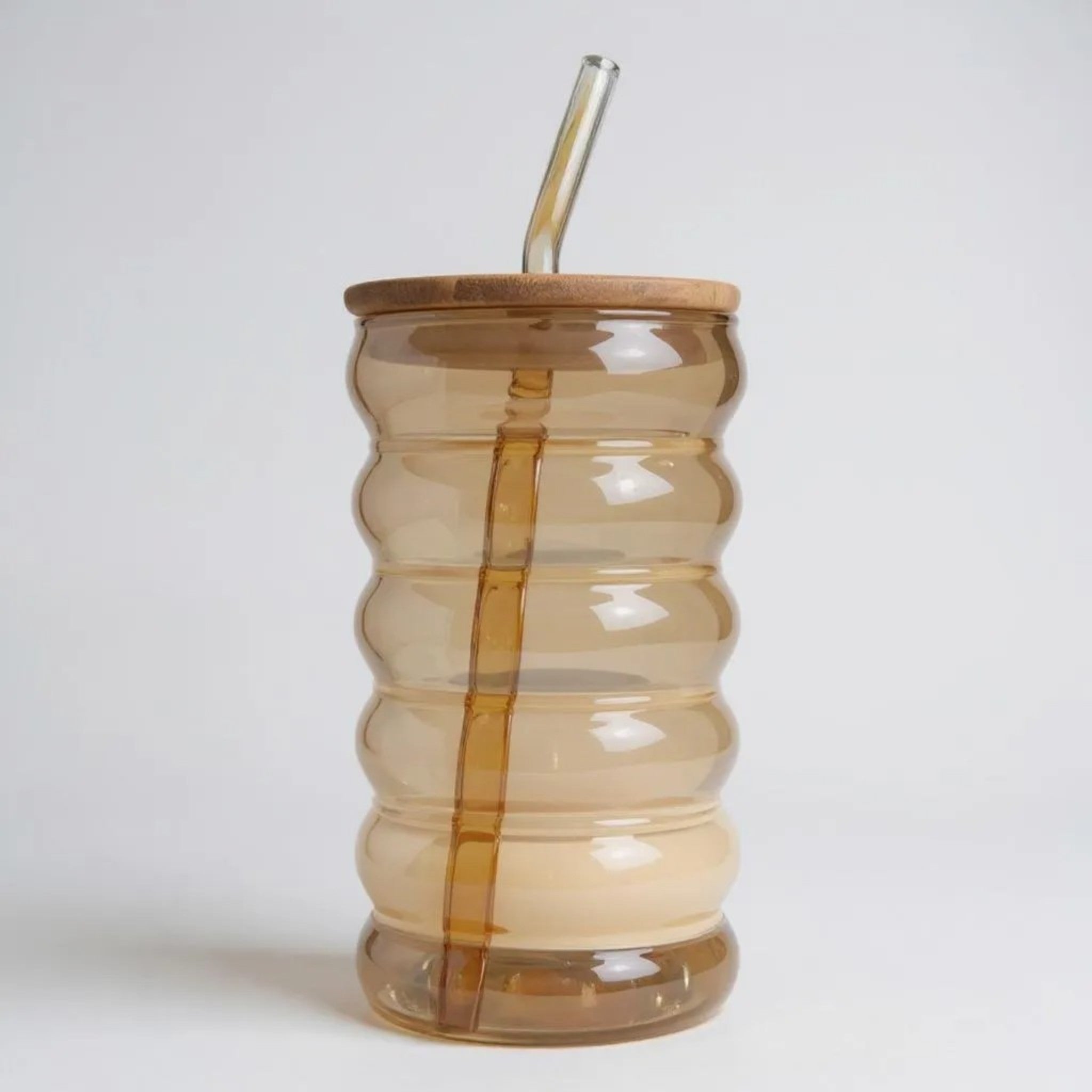 Amber Glass Drinking Ribbed Cup 500ml with Bamboo Lid & Amber Curved Straw 7x15cm