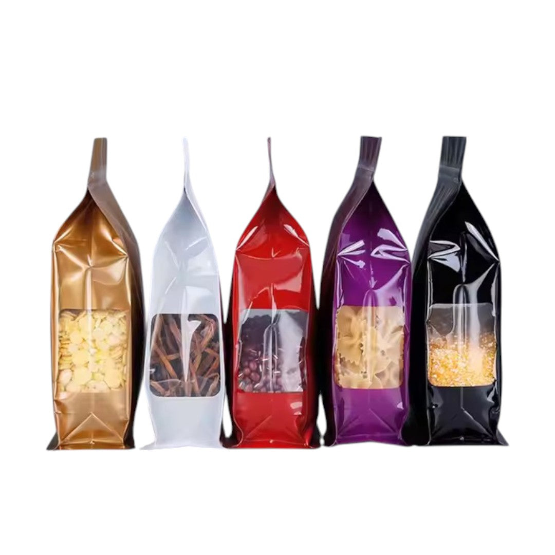 Aluminium Metalized Stand-up Coffee Bean Pouch Bag Reusable - Side Gusset Flat Bottom with Pull-tab & Side Window 10Pack