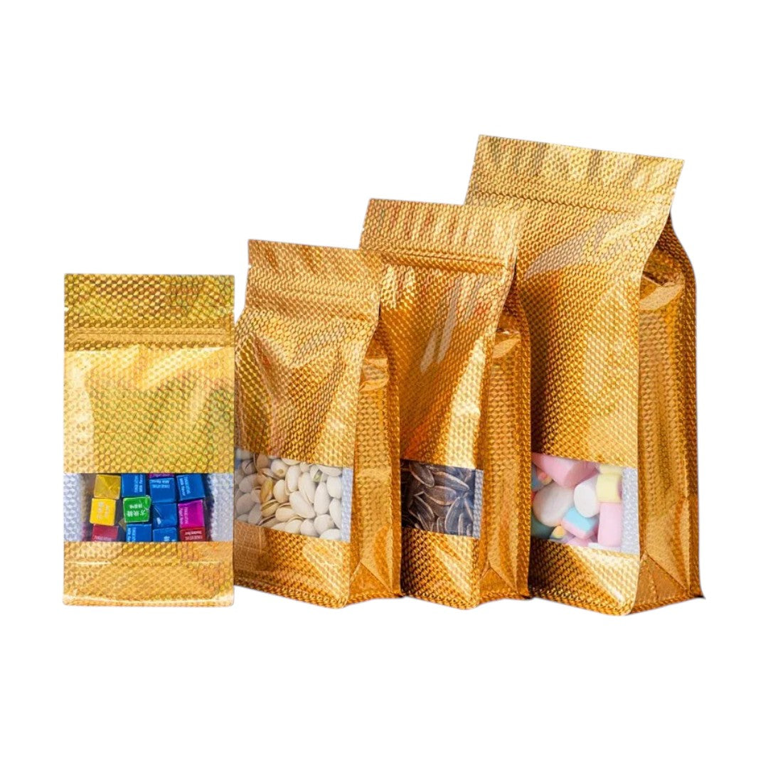 Aluminium Holographic Metalized Zip Lock Resealable Foil Stand-up with Window 10pack