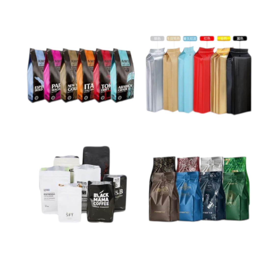 Aluminium Metalized Stand-up Coffee Bean Pouch Bag Side Gusset with Flat Bottom - Vacuum Seal Pull-tab with Air Valve Resealable 10Pack