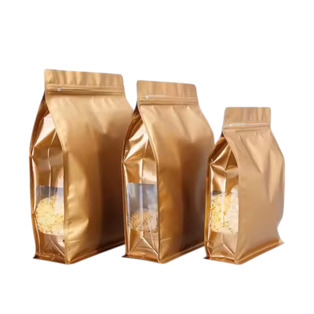 Aluminium Metalized Stand-up Coffee Bean Pouch Bag Reusable - Side Gusset Flat Bottom with Pull-tab & Side Window 10Pack