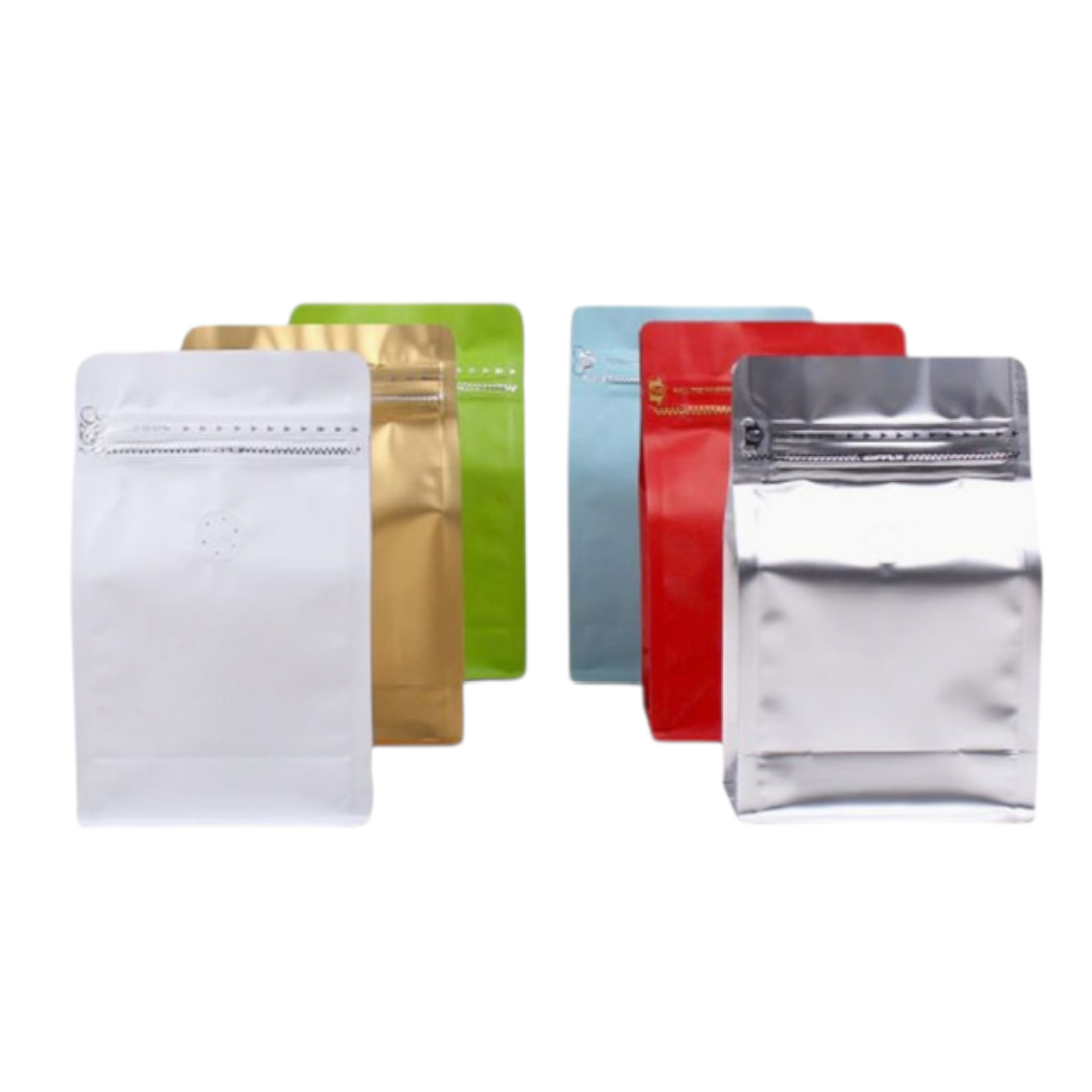 Aluminium Metalized Stand-up Coffee Bean Pouch Bag Bottom Gusset Landscape - Vacuum Seal Pull-tab with Air Valve Resealable 10Pack