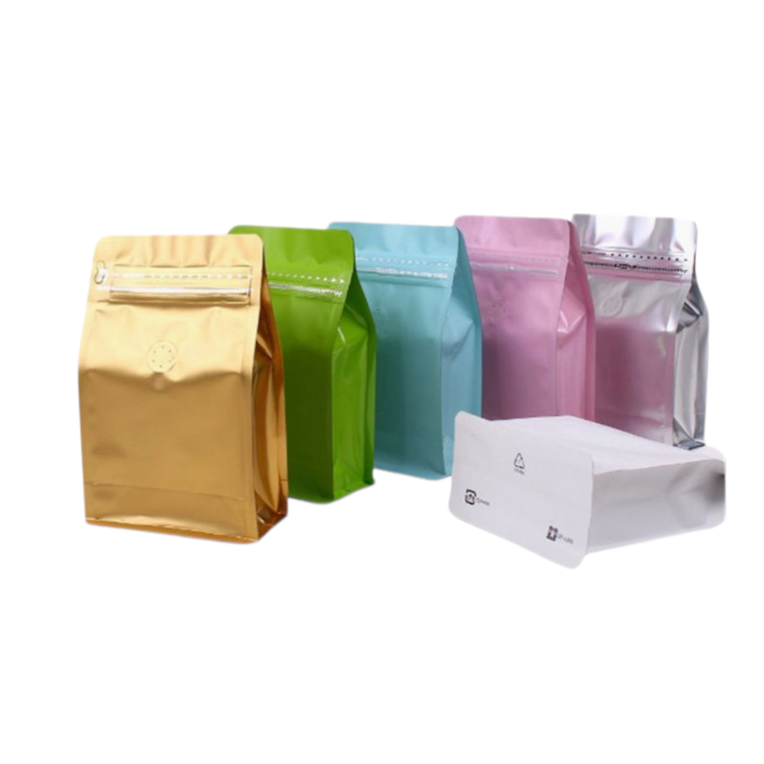 Aluminium Metalized Stand-up Coffee Bean Pouch Bag Bottom Gusset Landscape - Vacuum Seal Pull-tab with Air Valve Resealable 10Pack