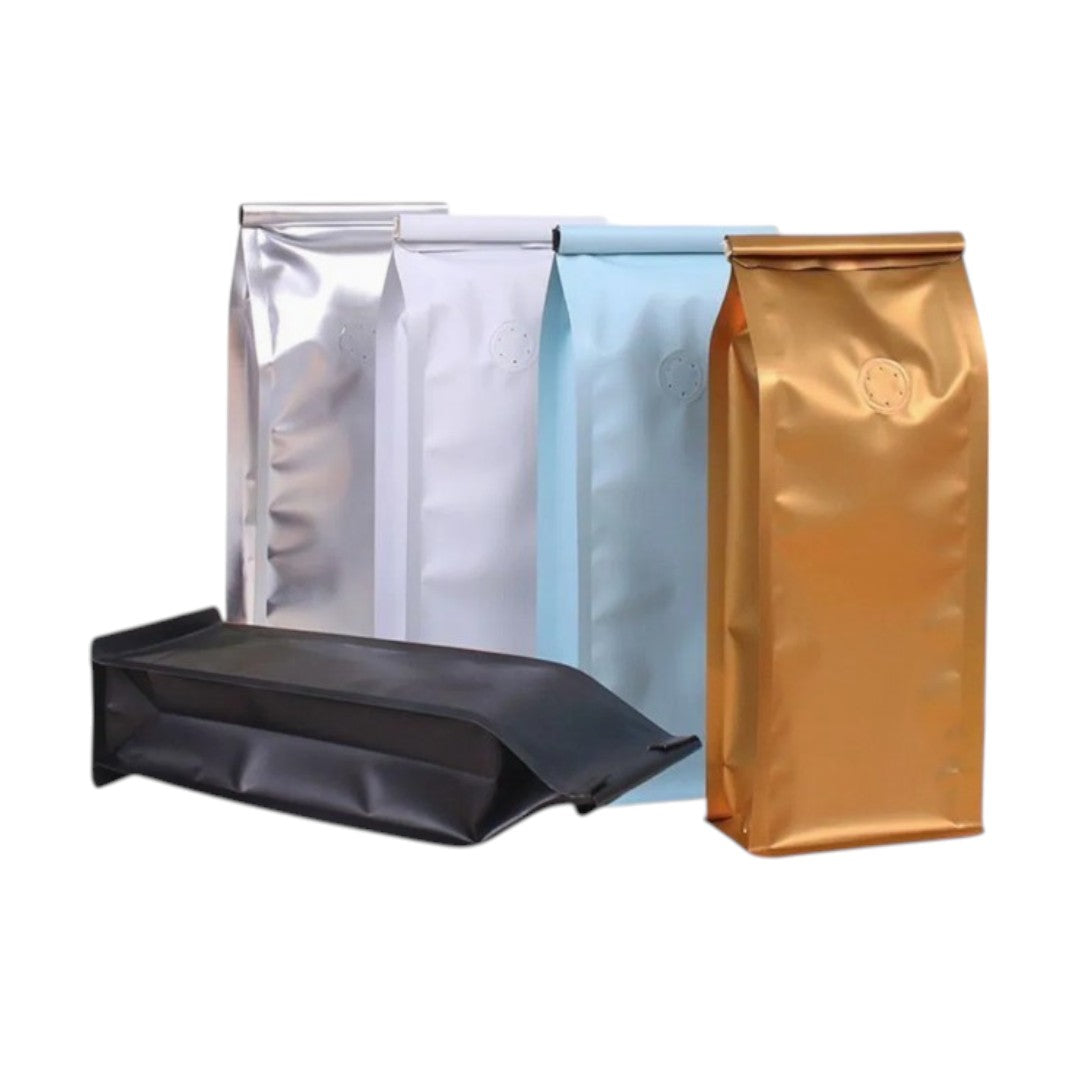 Aluminium Metalized Foil Stand-up Coffee Bag with Valve - Side Gusset & Flat Bottom 10pc