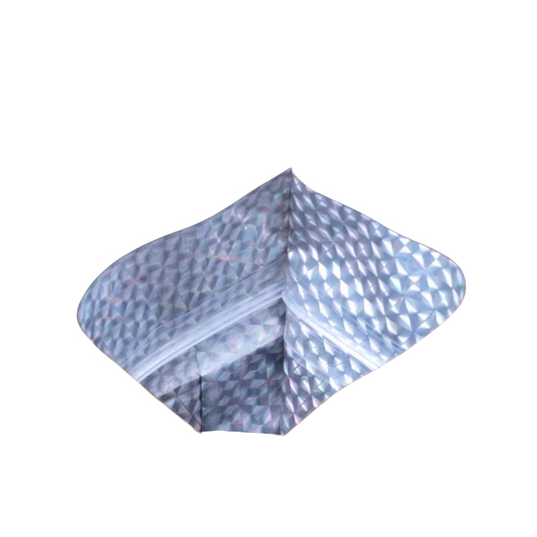 Aluminium Holographic Metalized Zip Lock Resealable Foil Stand-up with Window 10pack