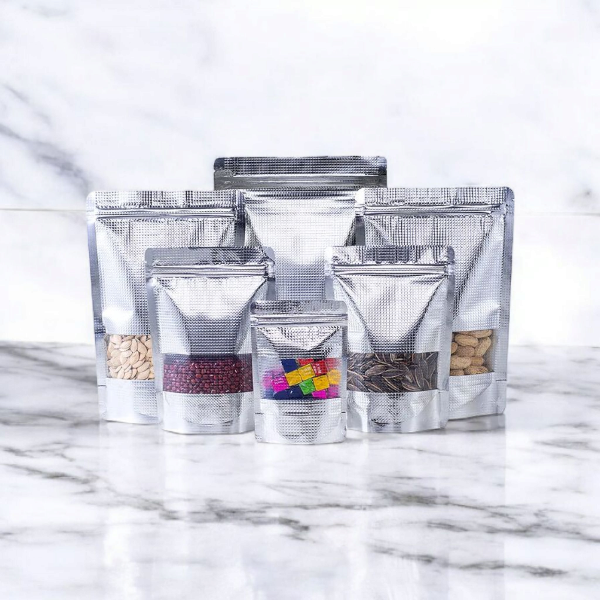 Aluminium Silver Embossed Metalized Zip Lock Resealable Stand-Up Foil Bag with Window 10pack