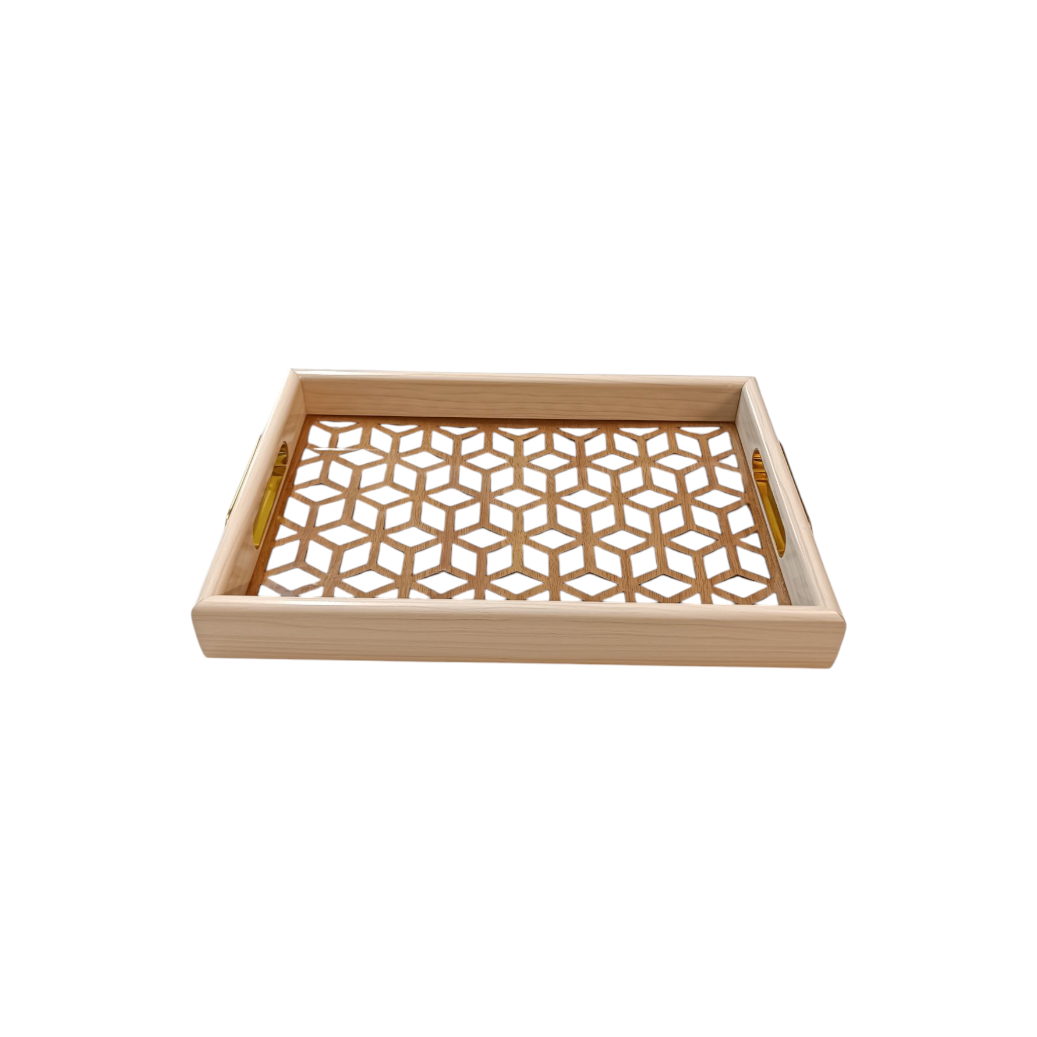 Rectangular Cream Centre Woodgrain Tray Glass Bottom with Gold Handles 41.5x28x4cm