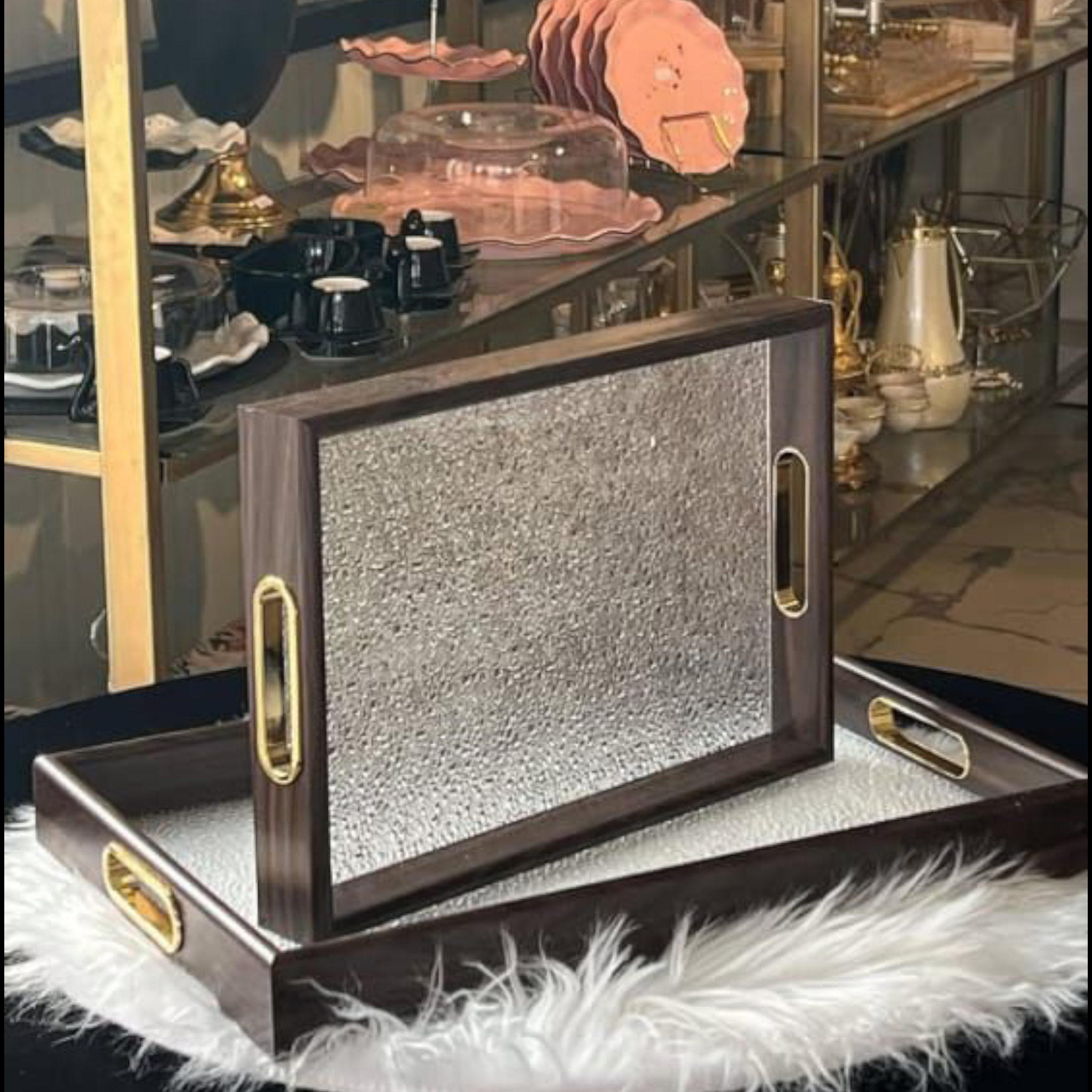 Rectangular Frosted Glass Wooden-Frame Mahogany Tray Gold Handles 42x28x4cm