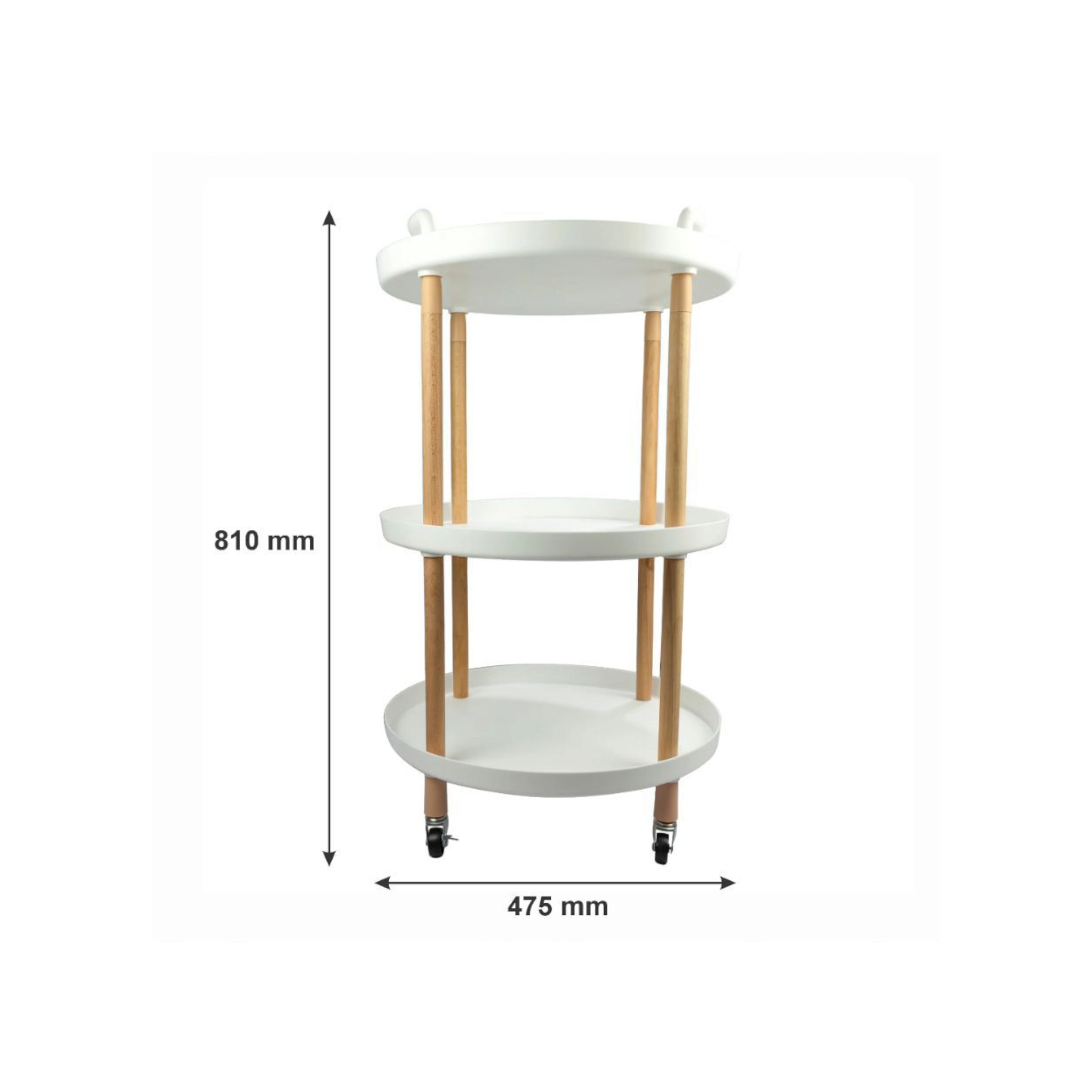 Storage Rack Round 3 Shelf White Plastic and Wood On Casters 810x475mm