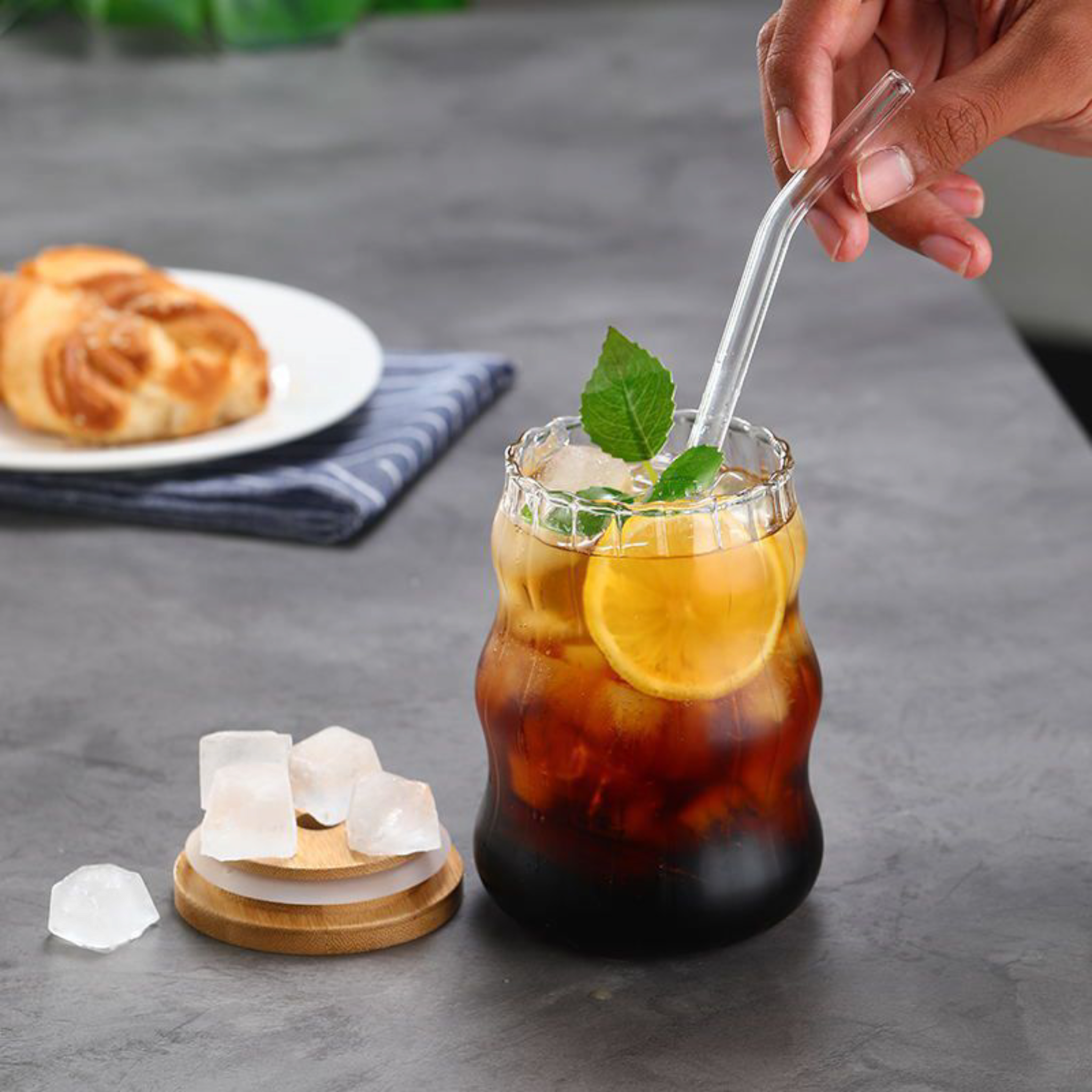 Glass Drinking Wavy Cup Ribbed with Bamboo Lid & Glass Curved Straw 500ml 7x15cm